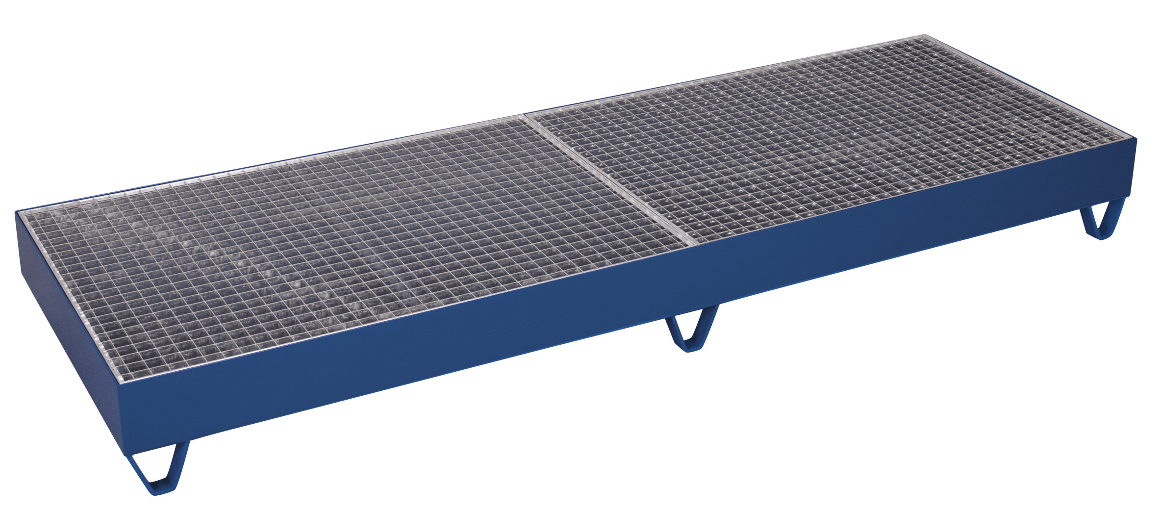 XXL-Auffangwanne 2390 × 800 × 250 mm mit Gitterrost für 4 Fässer à 200 Liter, RAL 5010 XXL-Auffangwanne 2390 × 800 × 250 mm mit Gitterrost für 4 Fässer à 200 Liter, RAL 5010