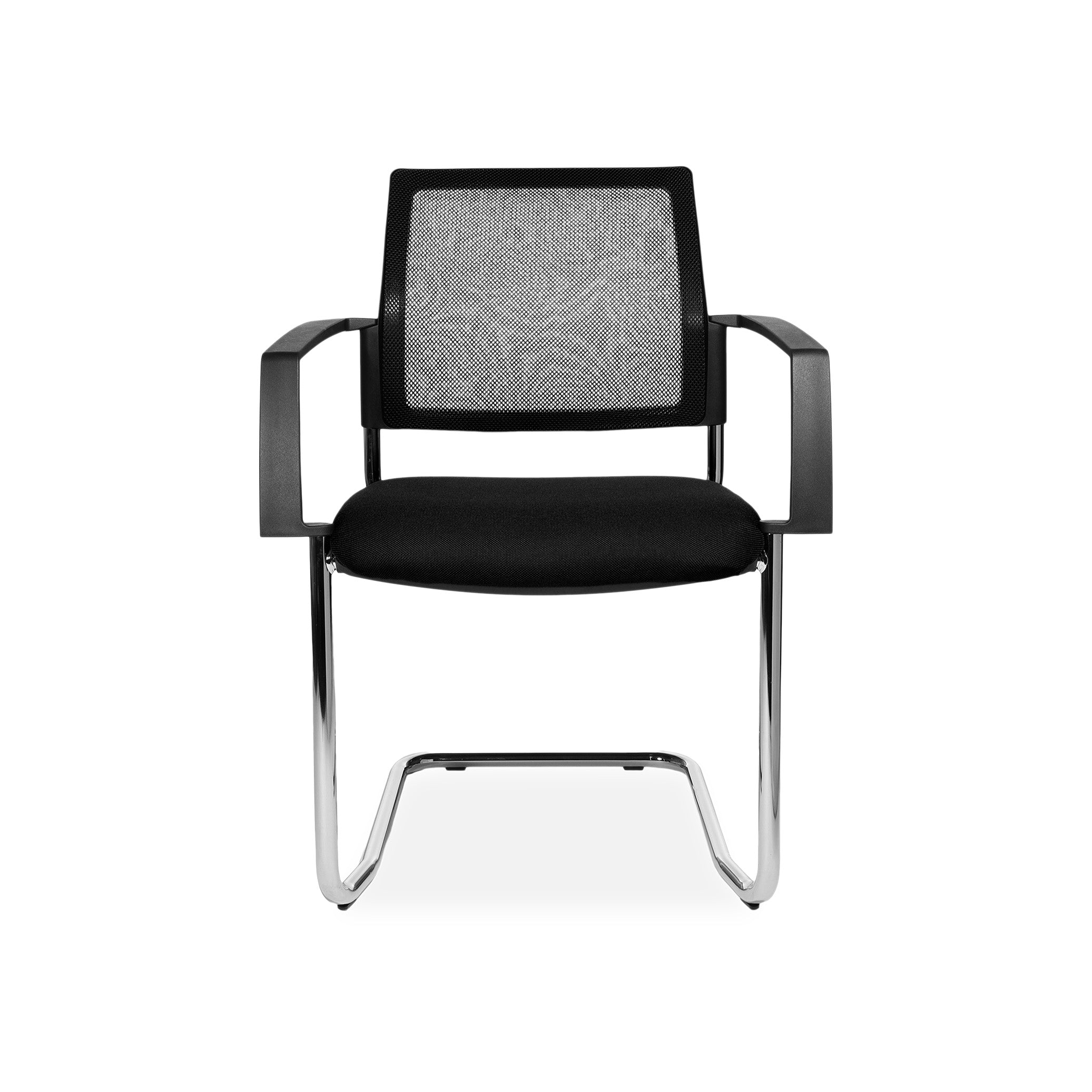 Freischwinger BTOB 20 mit Netzrücken und Chromgestell – stapelbar bis 6 – für Konferenz & Empfang – Schwarzes Polster – bequem & repräsentativ