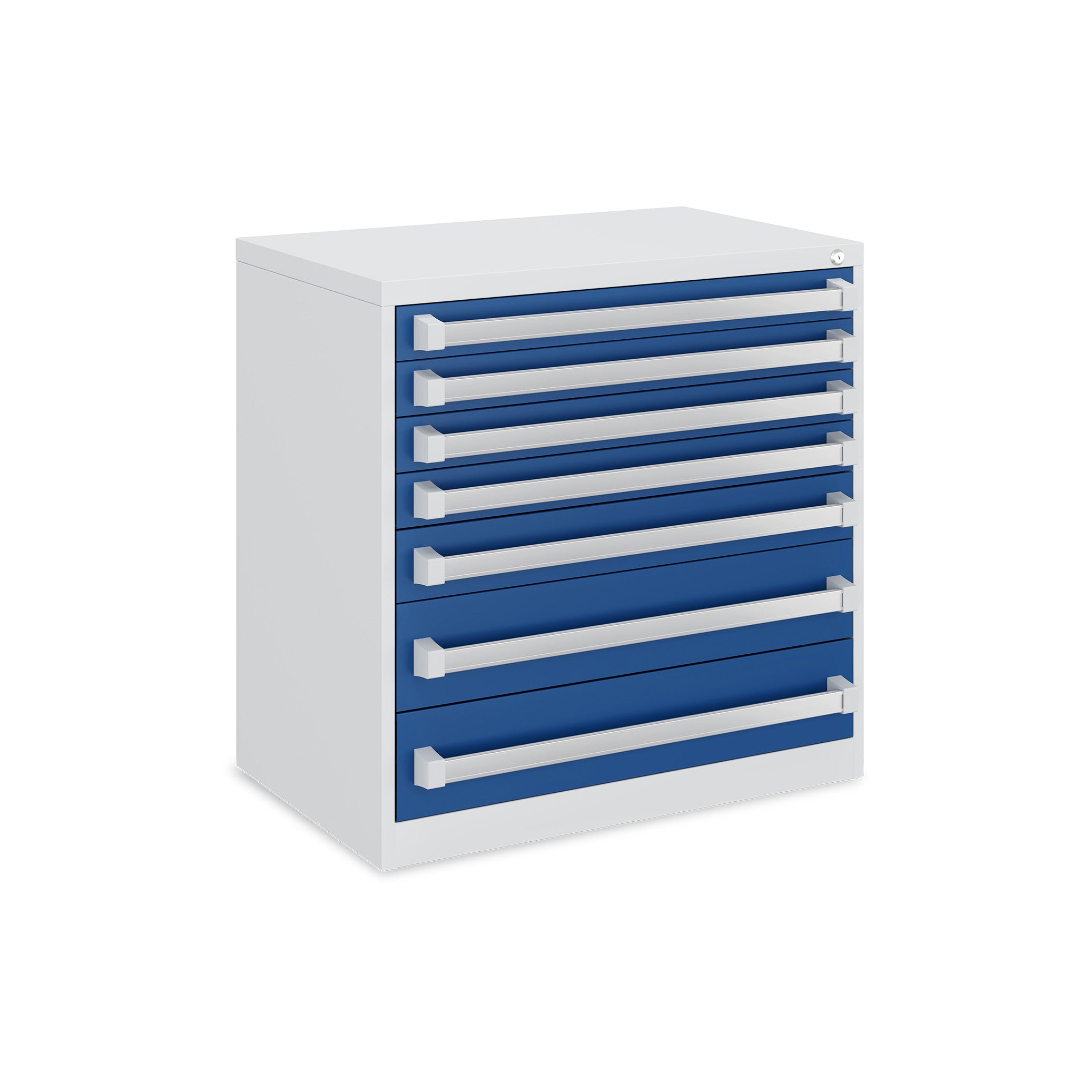 Kompakter Schubladenschrank 800 × 525 × 800 mm – 7 Schubladen mit unterschiedlichen Abständen, Farbe lichtgrau / enzianblau