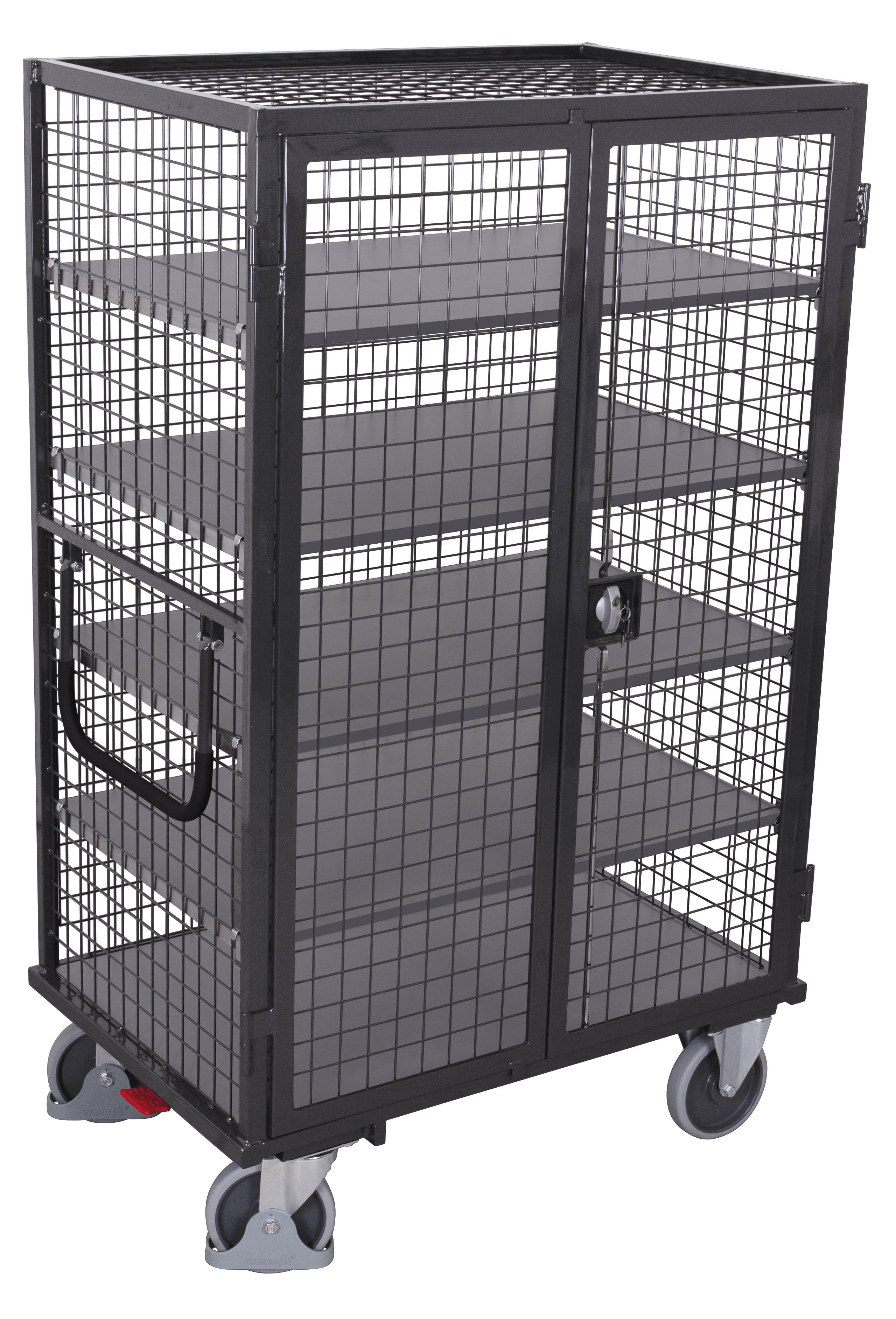 Robuster fest verschweißter Etagenwagen mit abschließbarer Doppelflügeltür, 1115×730×1810 mm, 500 kg Traglast, RAL 7016 Stabiler fest verschweißter Etagenwagen mit abschließbarer Doppelflügeltür, 1315×830×1810 mm, 500 kg Traglast, RAL 7016