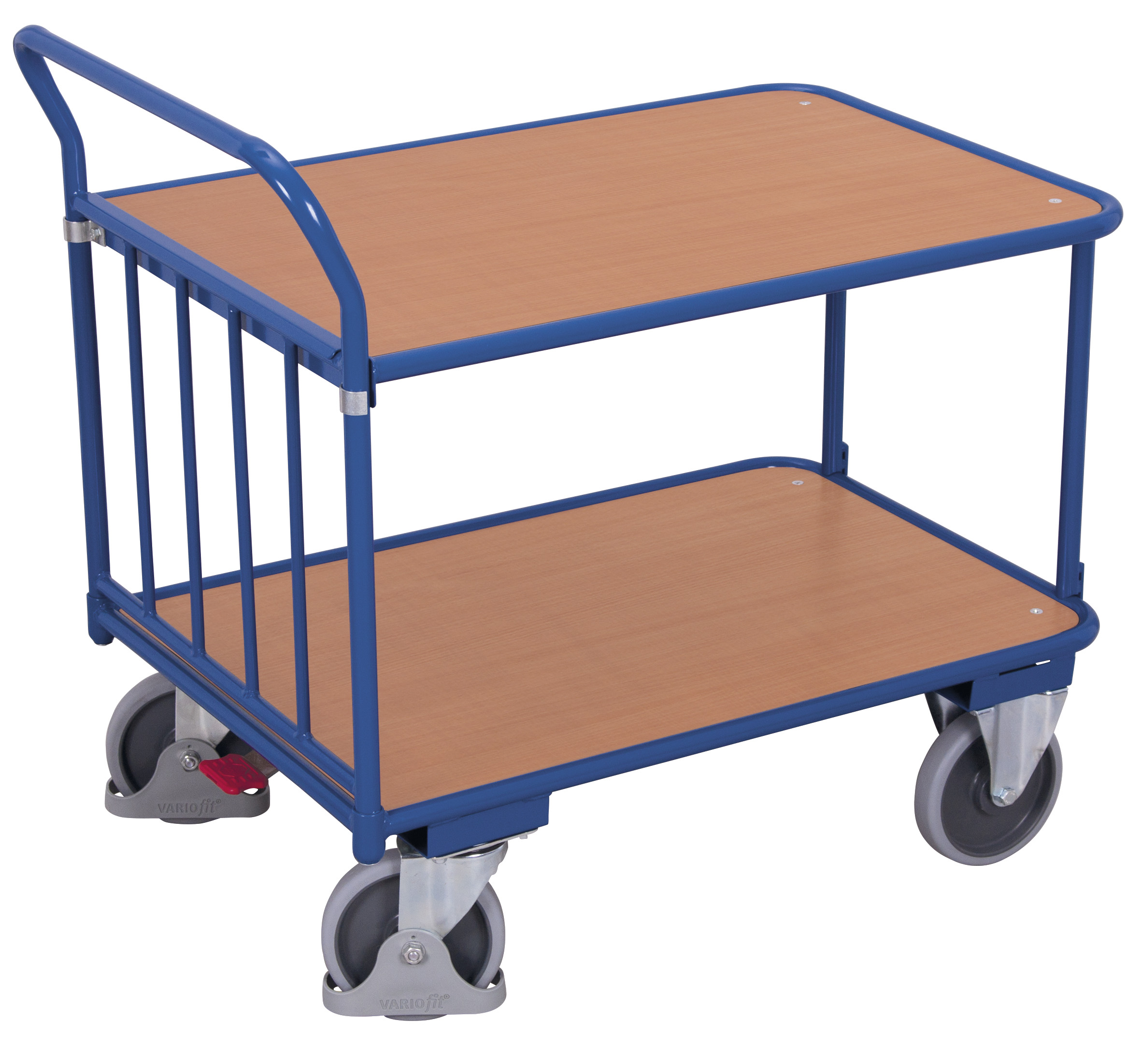 Kompakter Tischwagen 850 × 500 mm mit Schiebebügel, 400 kg Traglast, RAL 5010, ideal für Werkstatt und Lager Geräumiger Tischwagen 1200 × 700 mm mit Schiebebügel, 400 kg Traglast, RAL 5010, ideal für Werkstatt und Lager