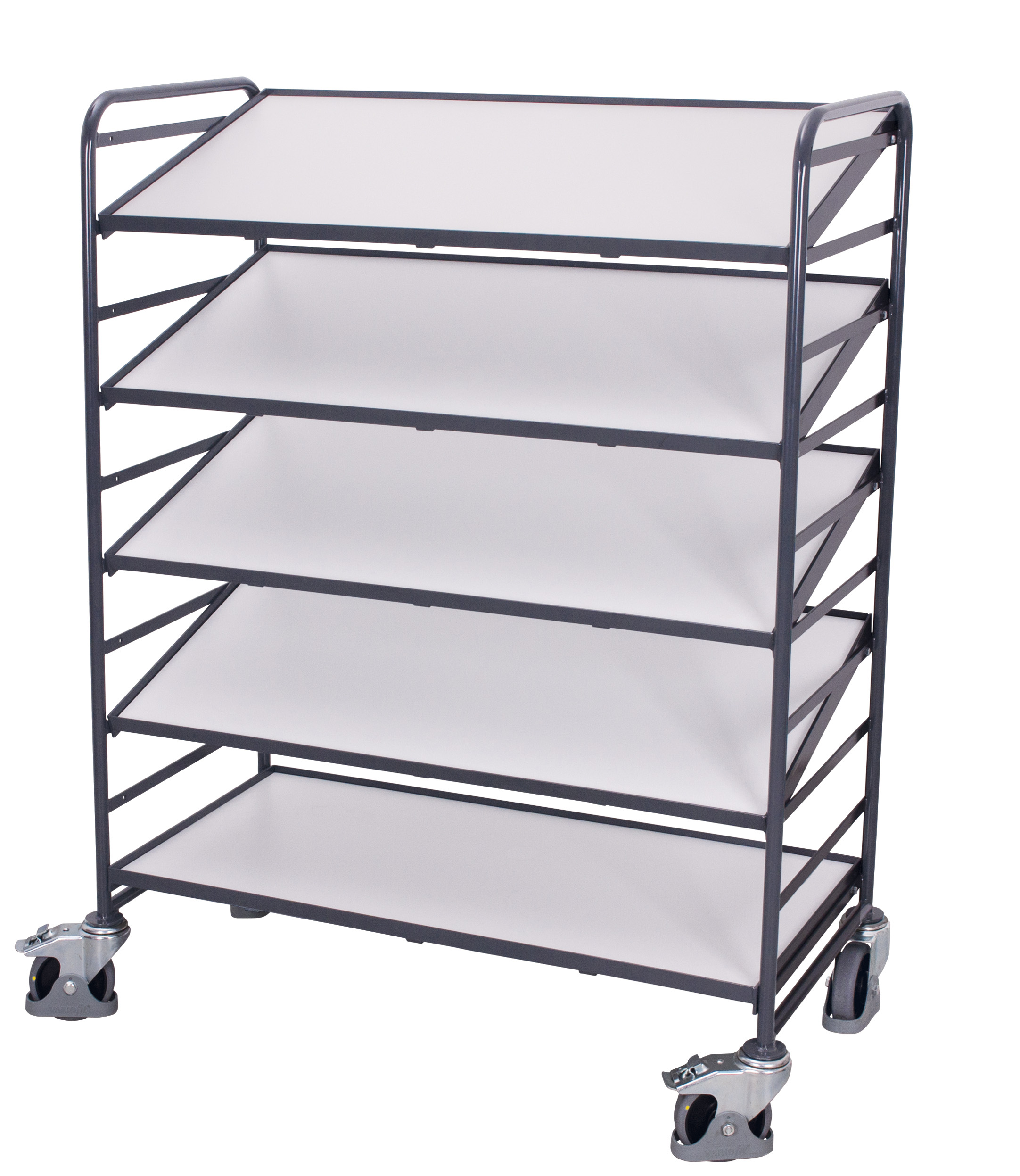 Leitfähiger Eurokastenwagen mit 5 ESD Böden, 1350 × 665 × 1700 mm, RAL 7024, elektrisch leitfähig Leitfähiger Eurokastenwagen mit 5 ESD Böden, 1350 × 665 × 1700 mm, RAL 7024, elektrisch leitfähig