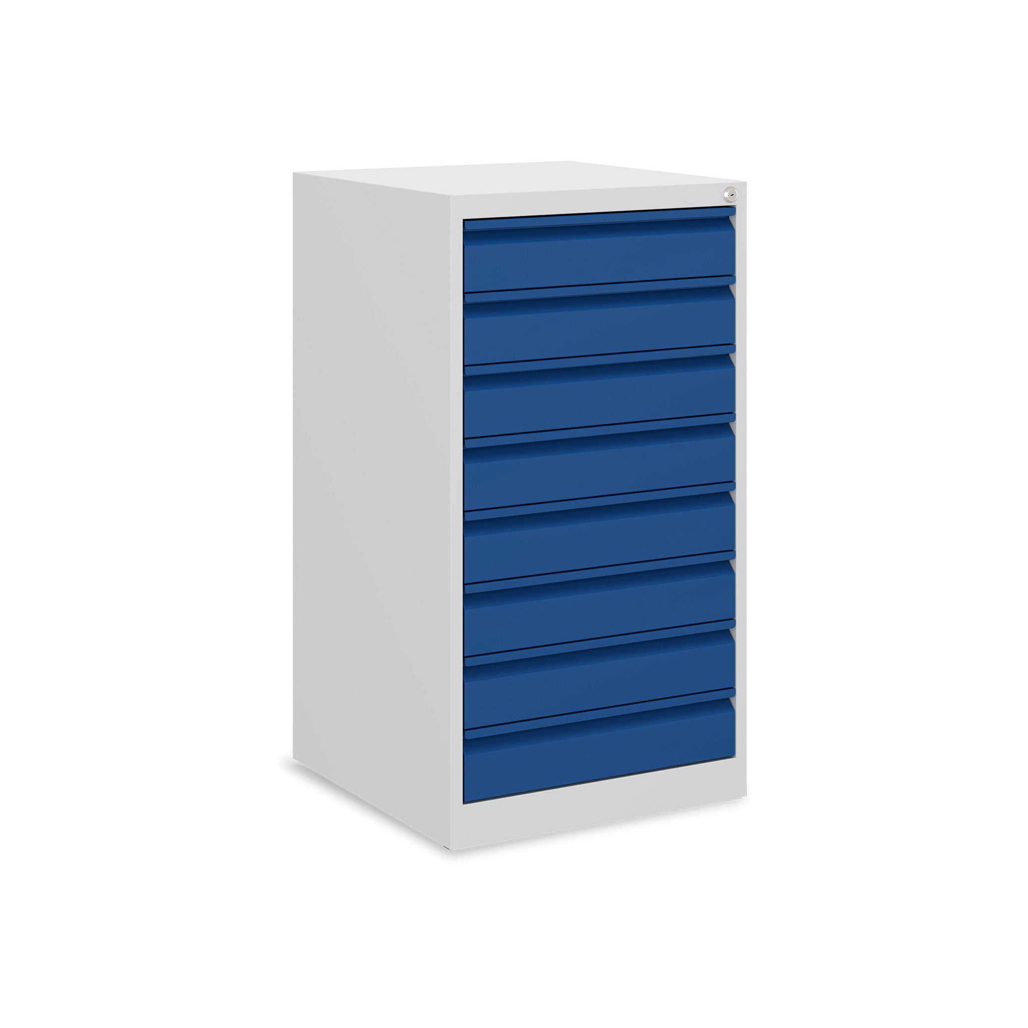 Stabiler Schubladenschrank 500 × 500 × 900 mm – mit 8 Schubladen, Farbe lichtgrau / enzianblau