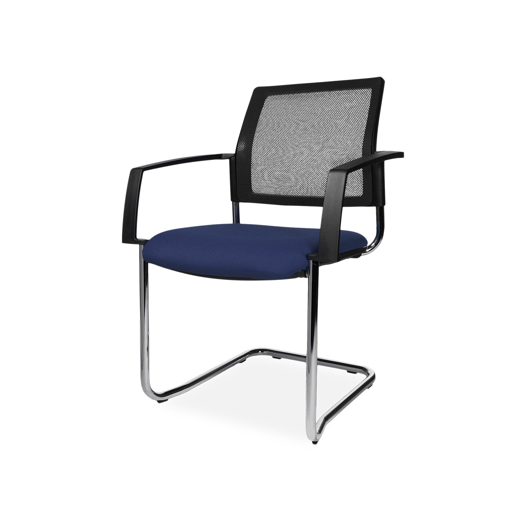 Freischwinger BTOB 20 mit Netzrücken und Chromgestell – stapelbar bis 6 – für Konferenz & Empfang – Blaues Polster – frisch & professionell