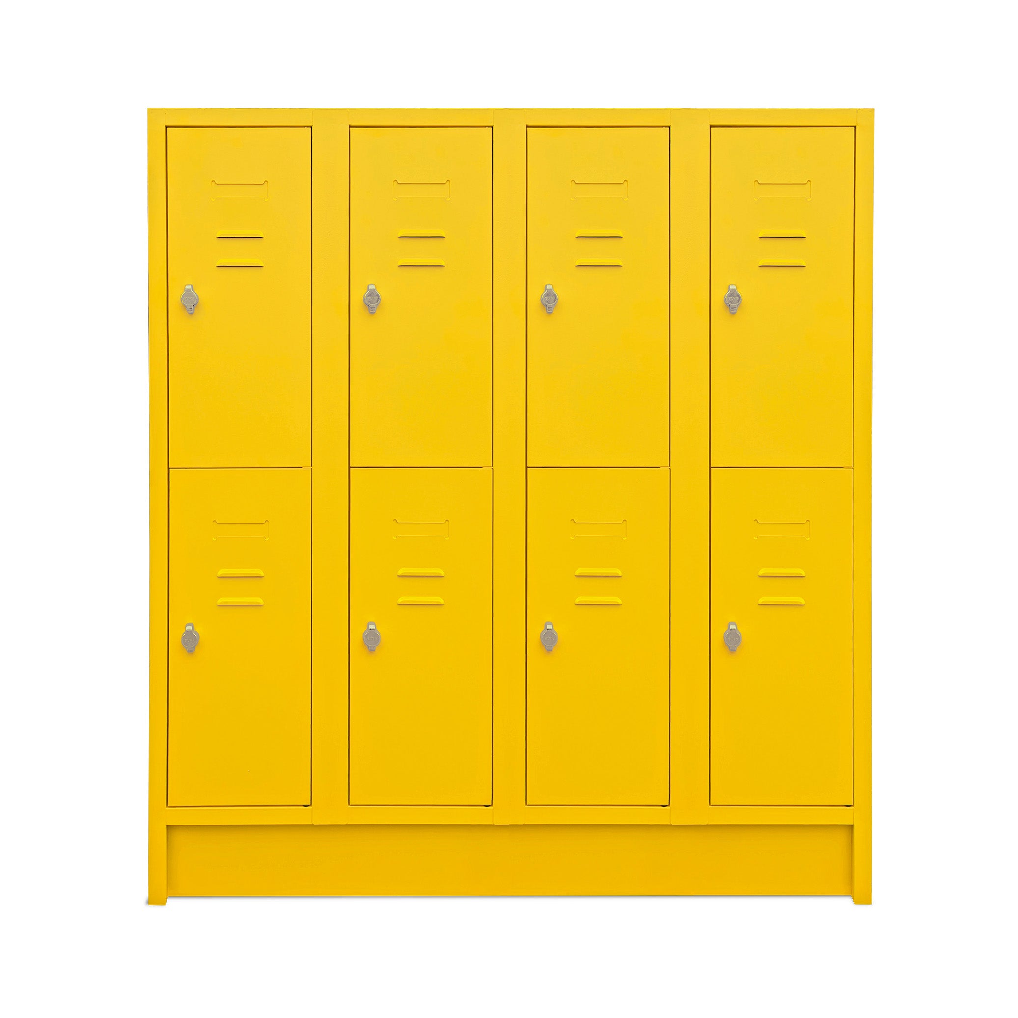 Kindergarten-Fächerspinde mit 4 Abteilen und 8 Fächern, 1400 mm hoch, Farbe Zinkgelb Geräumiger Schul-Fächerspind, 4 Abteile mit je 2 Fächern, 1600 mm hoch, Farbe Zinkgelb
