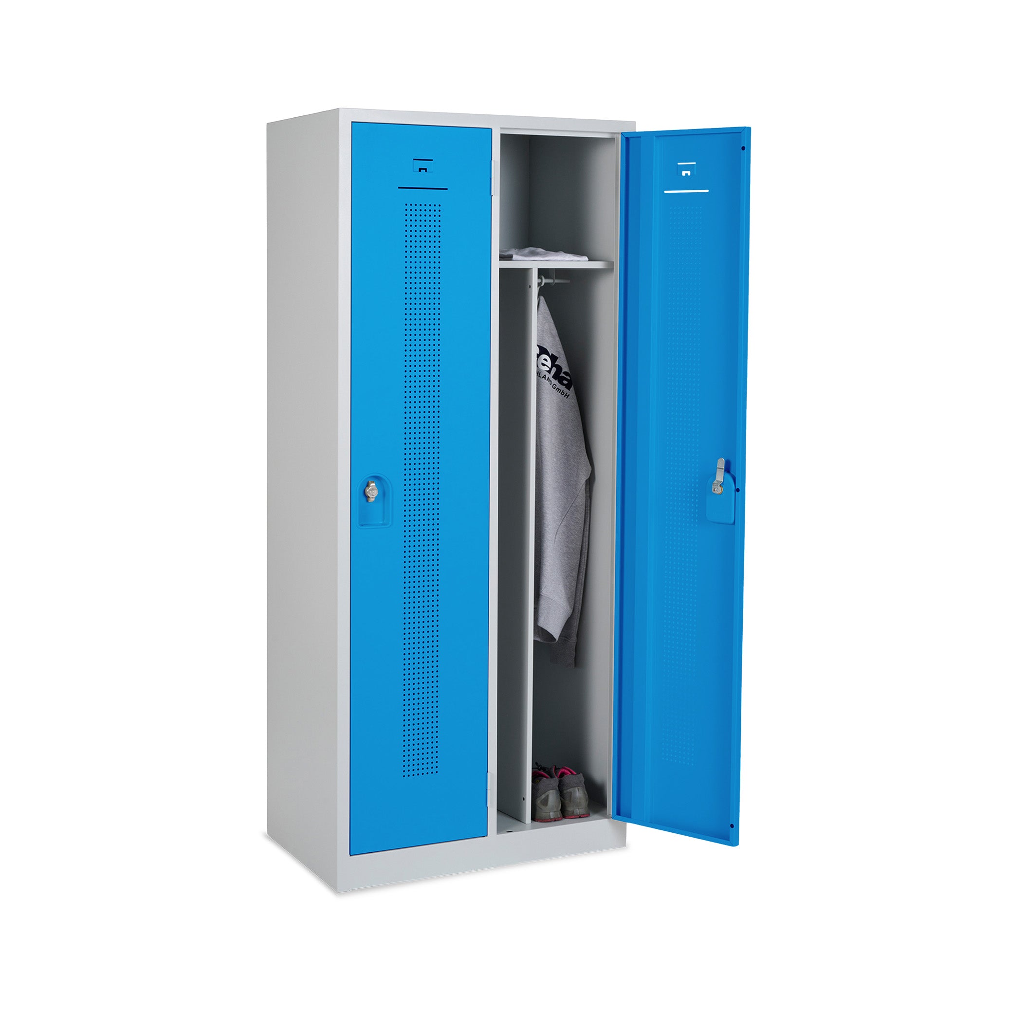 Moderner Design-Reihenspind mit 2 Türen und Trennwand, 800 × 500 × 1800 mm, Farbe lichtgrau / enzianblau