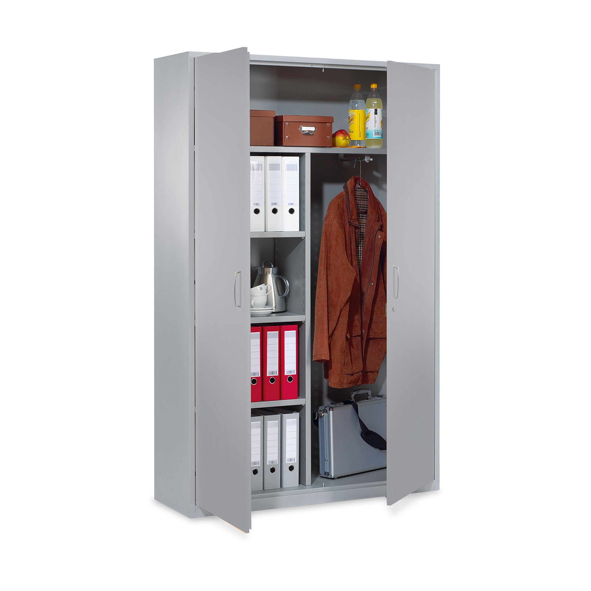 Robuster Akten- / Kleiderschrank 1200 × 600 × 1900 mm, Stahlkorpus mit Holztüren, Farbe Weißaluminium/Grau