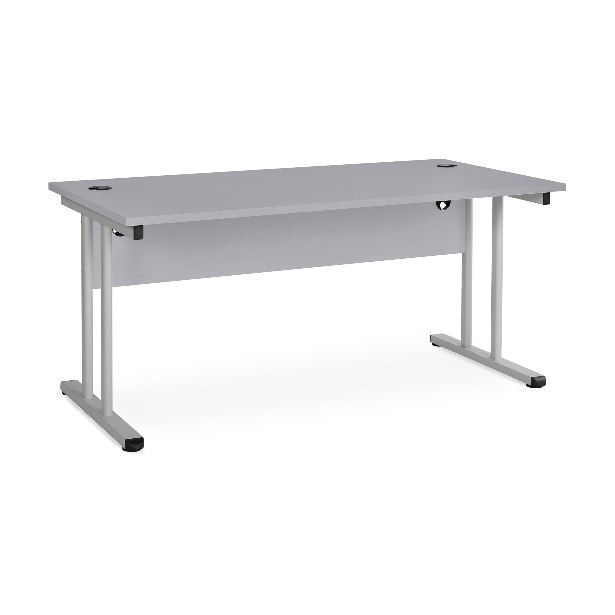 Schreibtisch mit T-Fuß, 1600 x 800 mm, feste Höhe 730 mm, mit Knieraumblende, Farbe weißaluminium / grau