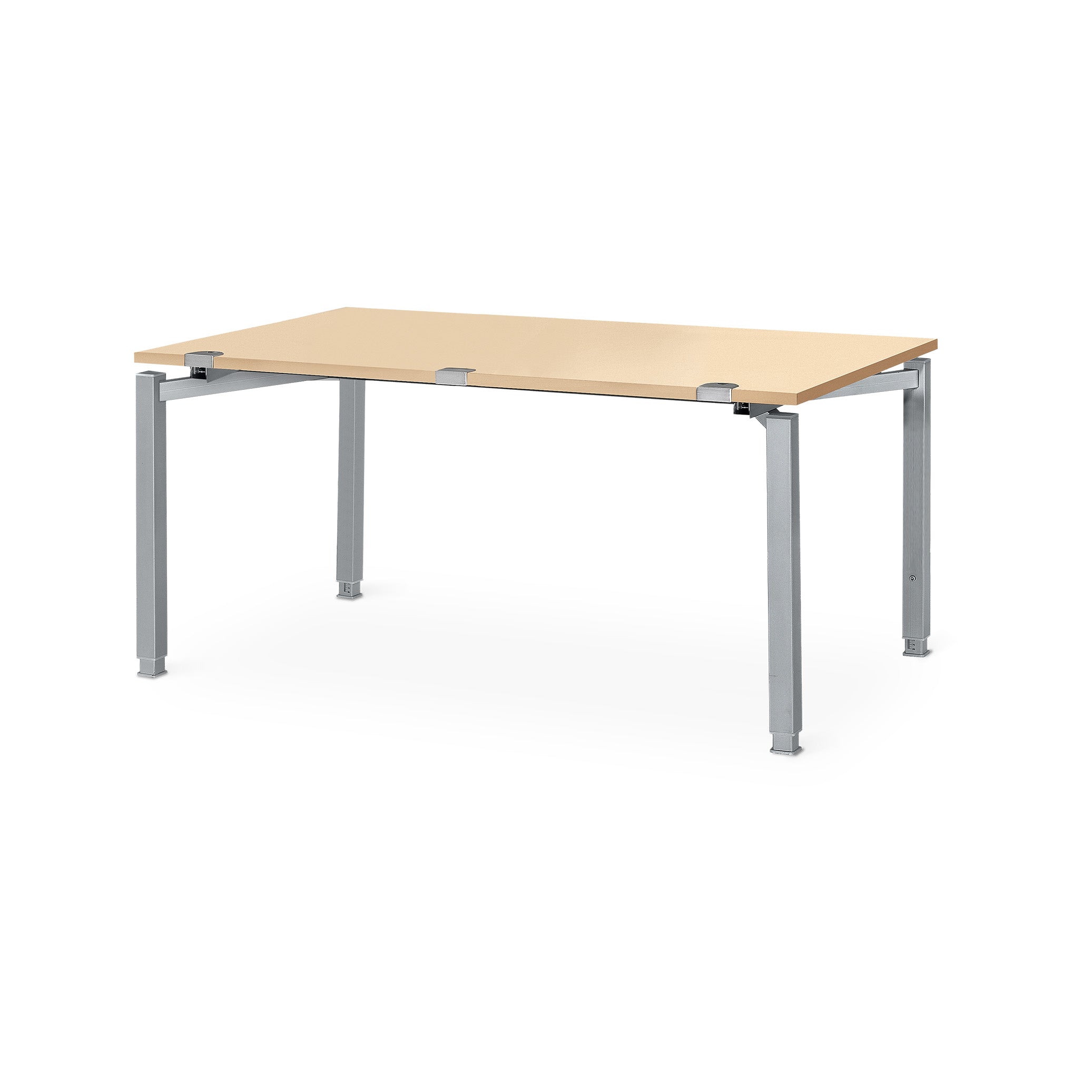 Stabiler Schreibtisch 1600 × 800 mm, manuell höhenverstellbar 680–820 mm, Dekor Weißaluminium / Ahorn