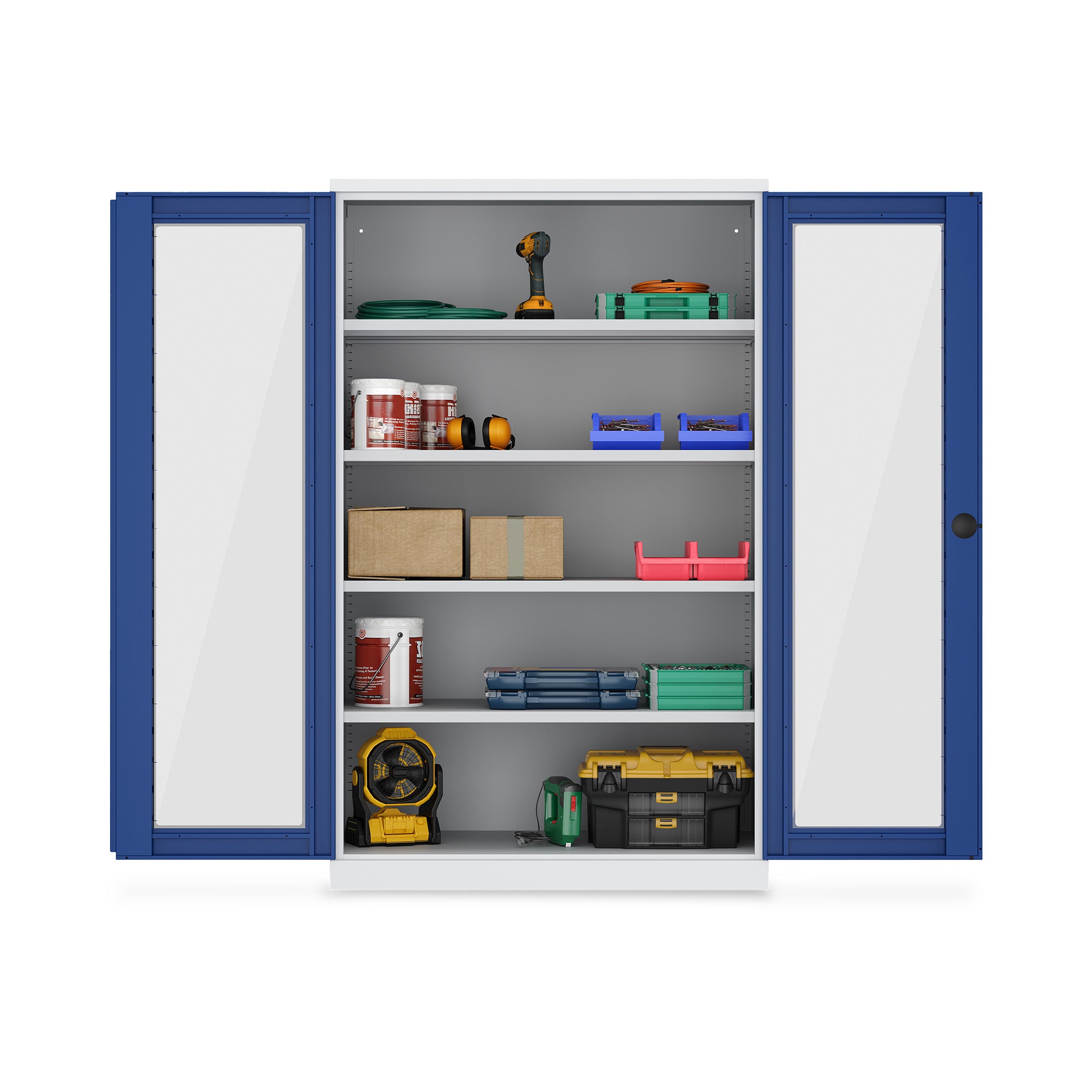 Werkstattschrank mit Acrylglasfenstern 1200 × 660 × 1950 mm – 4 Fachböden, Farbe lichtgrau / enzianblau