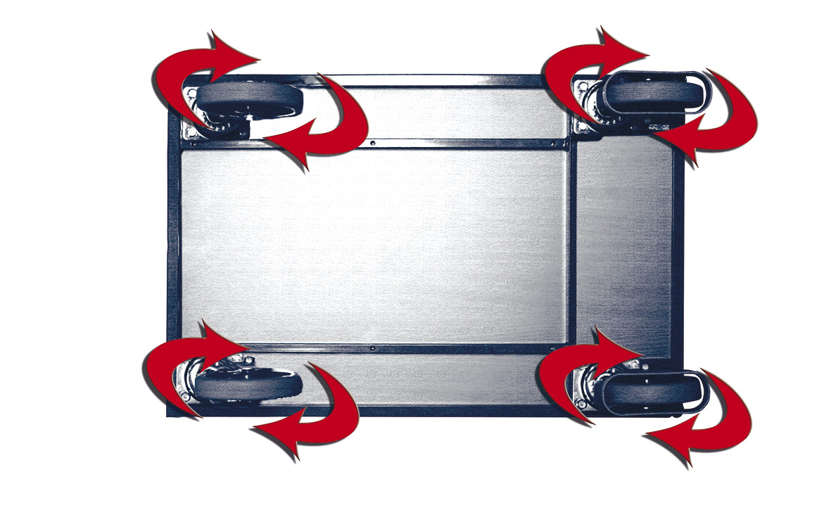 Flexibler Radsatz mit 2 Lenkrollen und Zentralbremse EasySTOP, für alle Größen Wendiger Radsatz mit 2 Lenkrollen und Zentralbremse EasySTOP, Elastikvollgummibereifung