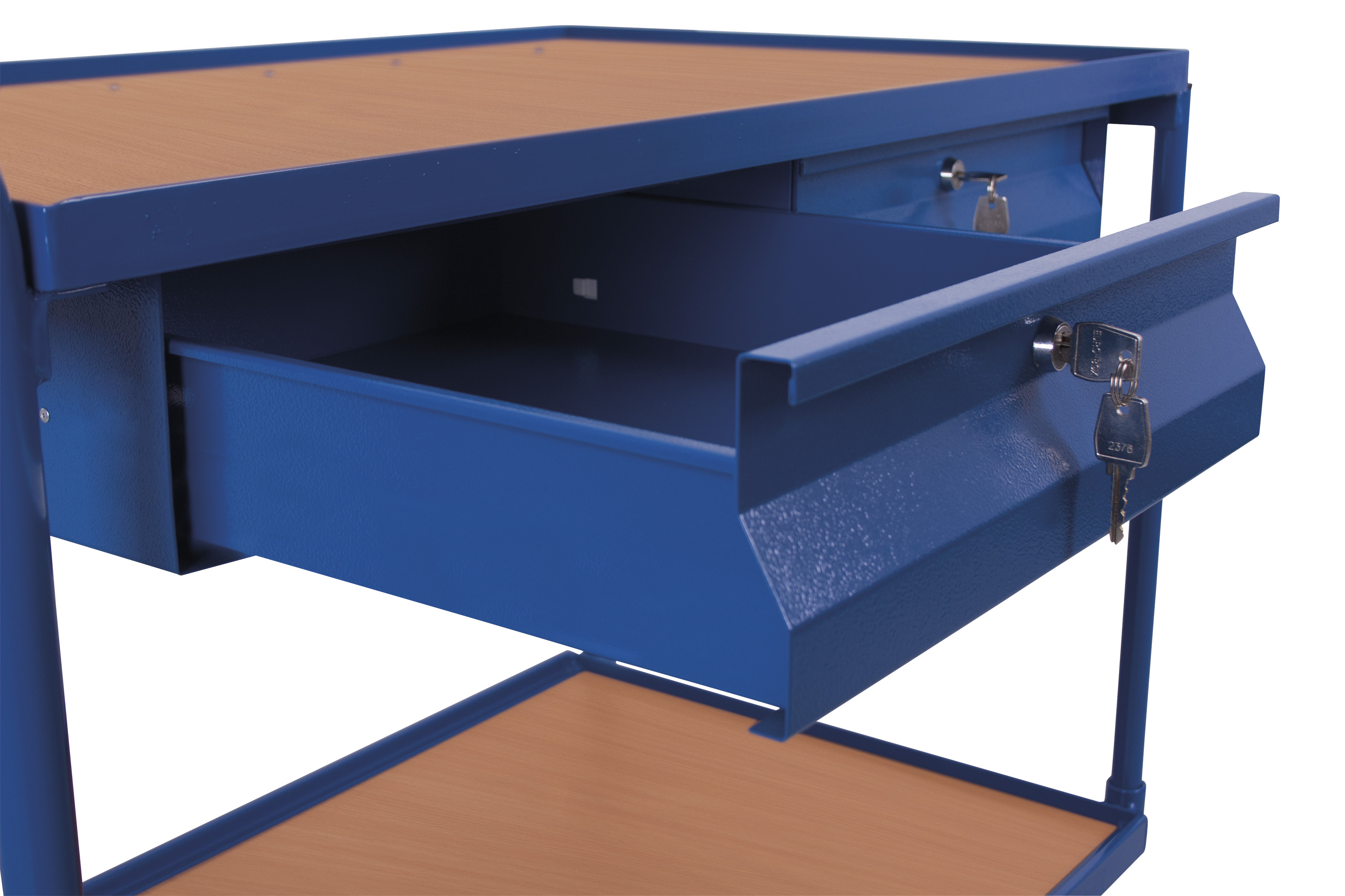 Funktionaler Tischwagen 1175 × 625 mm mit 2 Holzladeflächen und 2 Schubladen, 250 kg Traglast, RAL 5010, ideal für Werkstatt & Montage