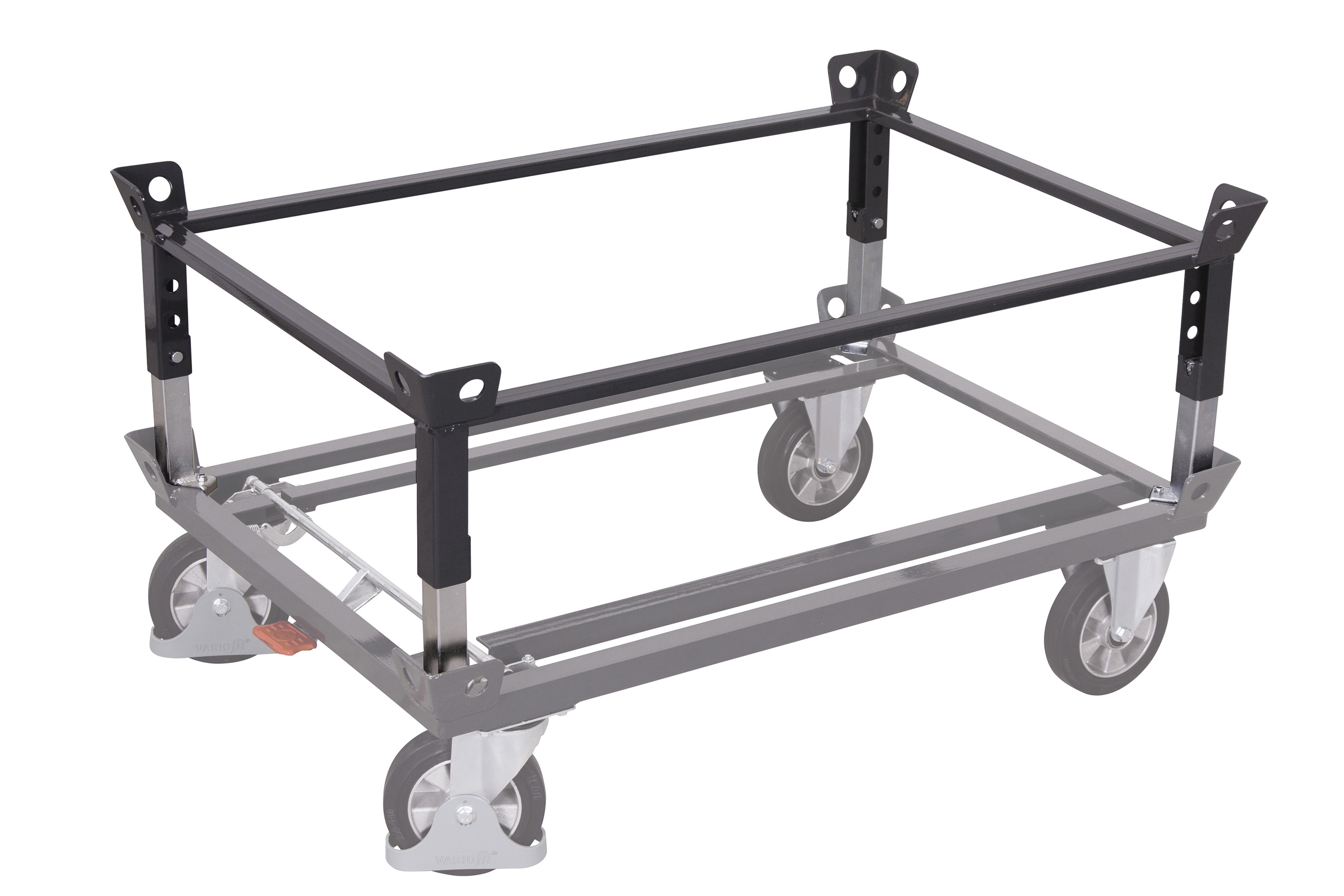 Verstellbarer Aufsatzrahmen 870 × 670 mm aus Stahl mit Höhenverstellung, RAL 7016, passend für Fahrgestelle, ideal für Lager & Werkstatt Anpassbarer Aufsatzrahmen 1270 × 1070 mm aus Stahl mit 4 Ladehöhen, RAL 7016, passend für Fahrgestelle, ideal für Lager & Werkstatt