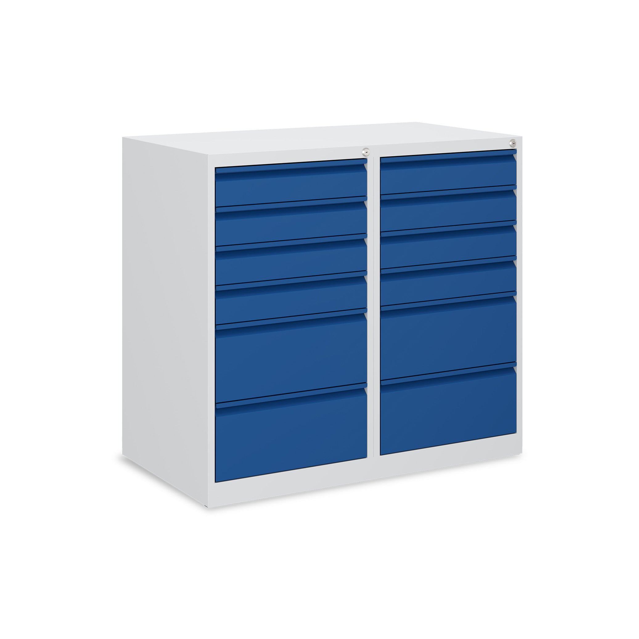 Stabiler Schubladenschrank 1000 × 500 × 900 mm – mit 12 Schubladen, Farbe lichtgrau / enzianblau