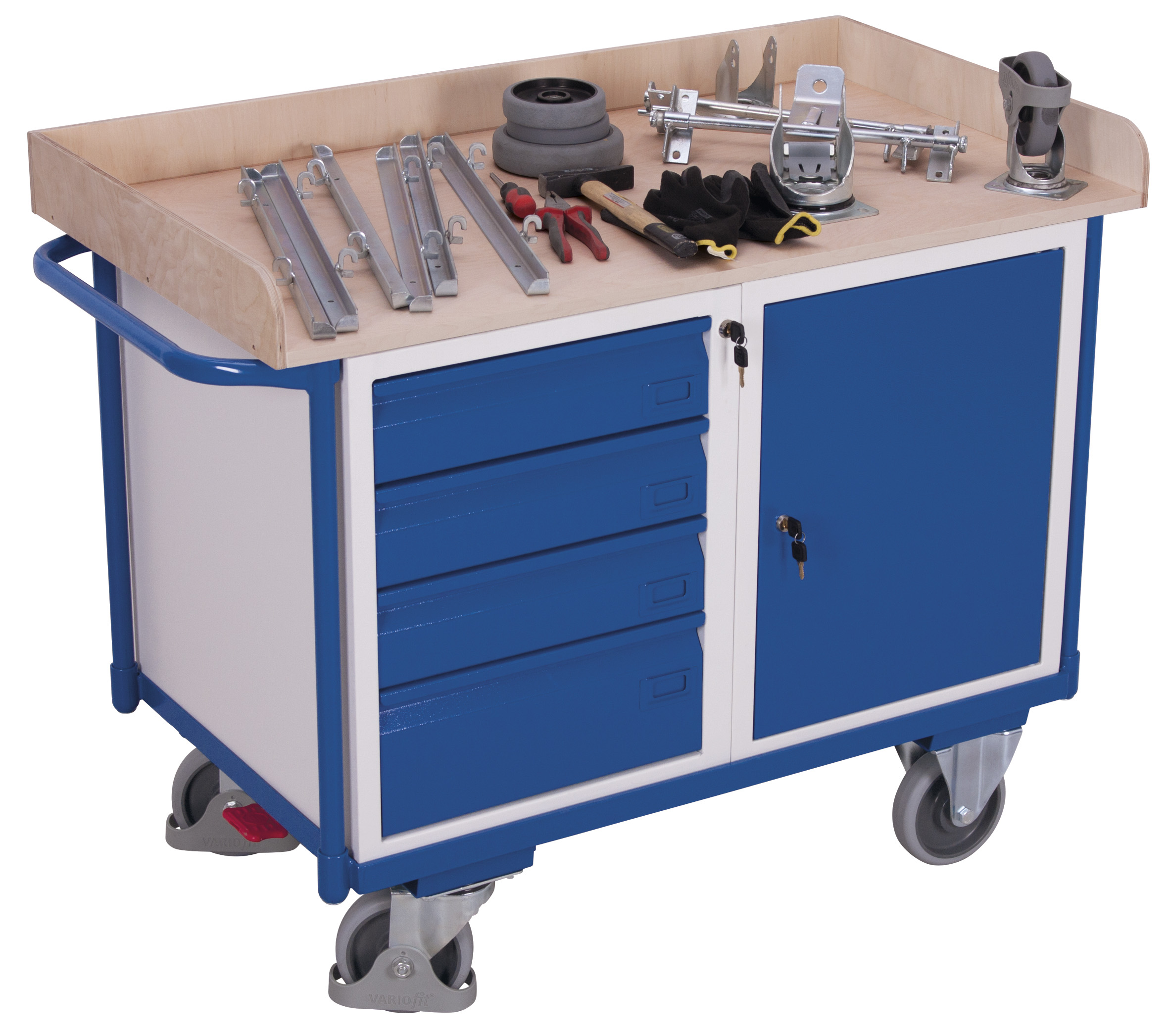 Zuverlässiger Werkstattwagen 400 kg mit 1 Ladefläche und Schubladen, RAL 5010, 1220 × 640 mm