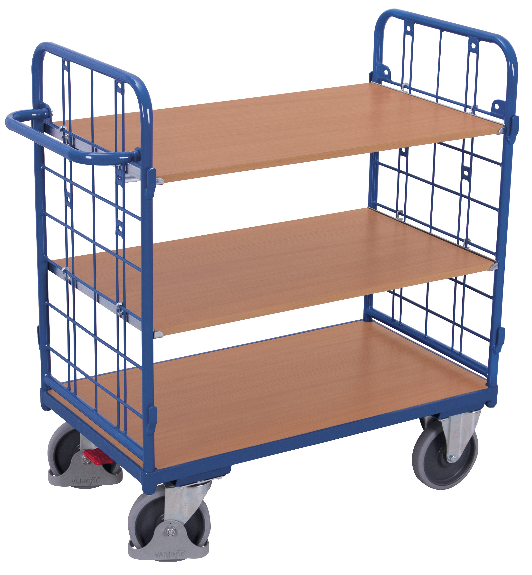 Breiter Etagenwagen niedrig 1185 × 720 × 1220 mm mit Holzladeflächen, 500 kg Traglast, RAL 5010, ideal für Lager & Werkstatt Geräumiger Etagenwagen niedrig 1185 × 620 × 1220 mm mit Holzladeflächen, 500 kg Traglast, RAL 5010, ideal für Lager & Werkstatt