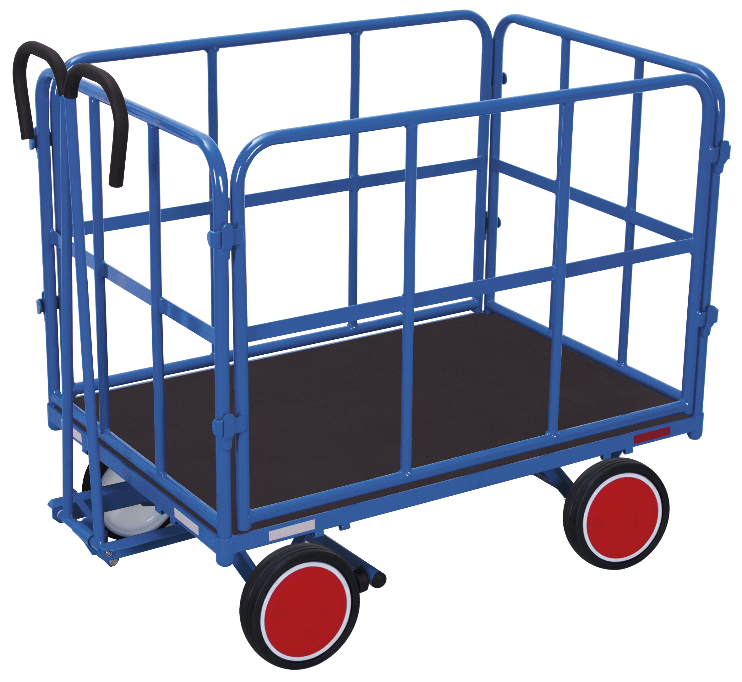Stabiler Handpritschenwagen 1120 × 715 mm mit 4 Rohrgitterwänden, 700 kg Traglast, Vollgummibereifung, RAL 5010, ideal für Lager & Werkstatt Stabiler Handpritschenwagen 1320 × 815 mm mit 4 Rohrgitterwänden, 700 kg Traglast, Luftbereifung, RAL 7016, ideal für Lager & Werkstatt