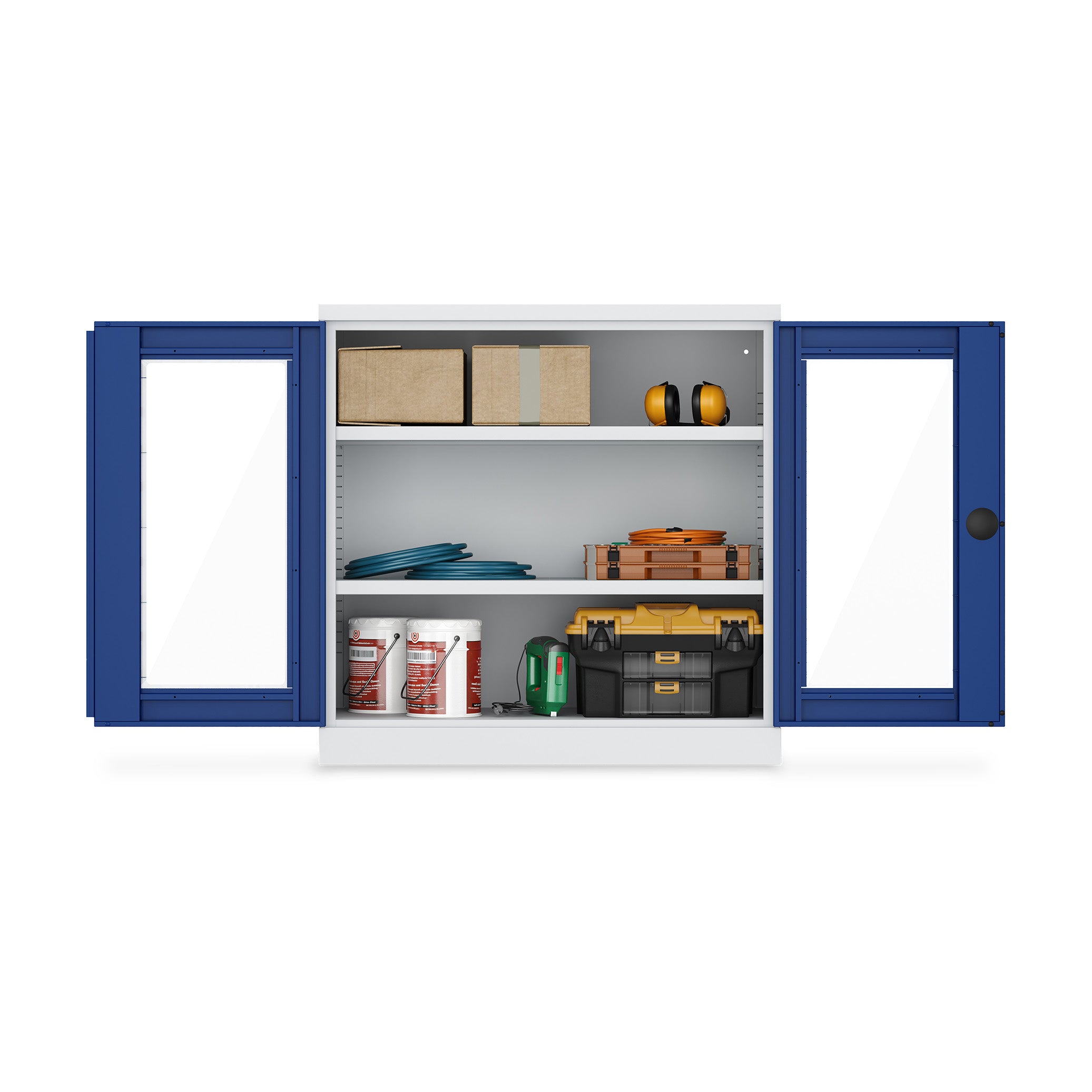 Kompakter Werkstattschrank mit Acrylglasfenster 1000 × 660 × 1000 mm, Farbe lichtgrau / enzianblau, 2 Fachböden