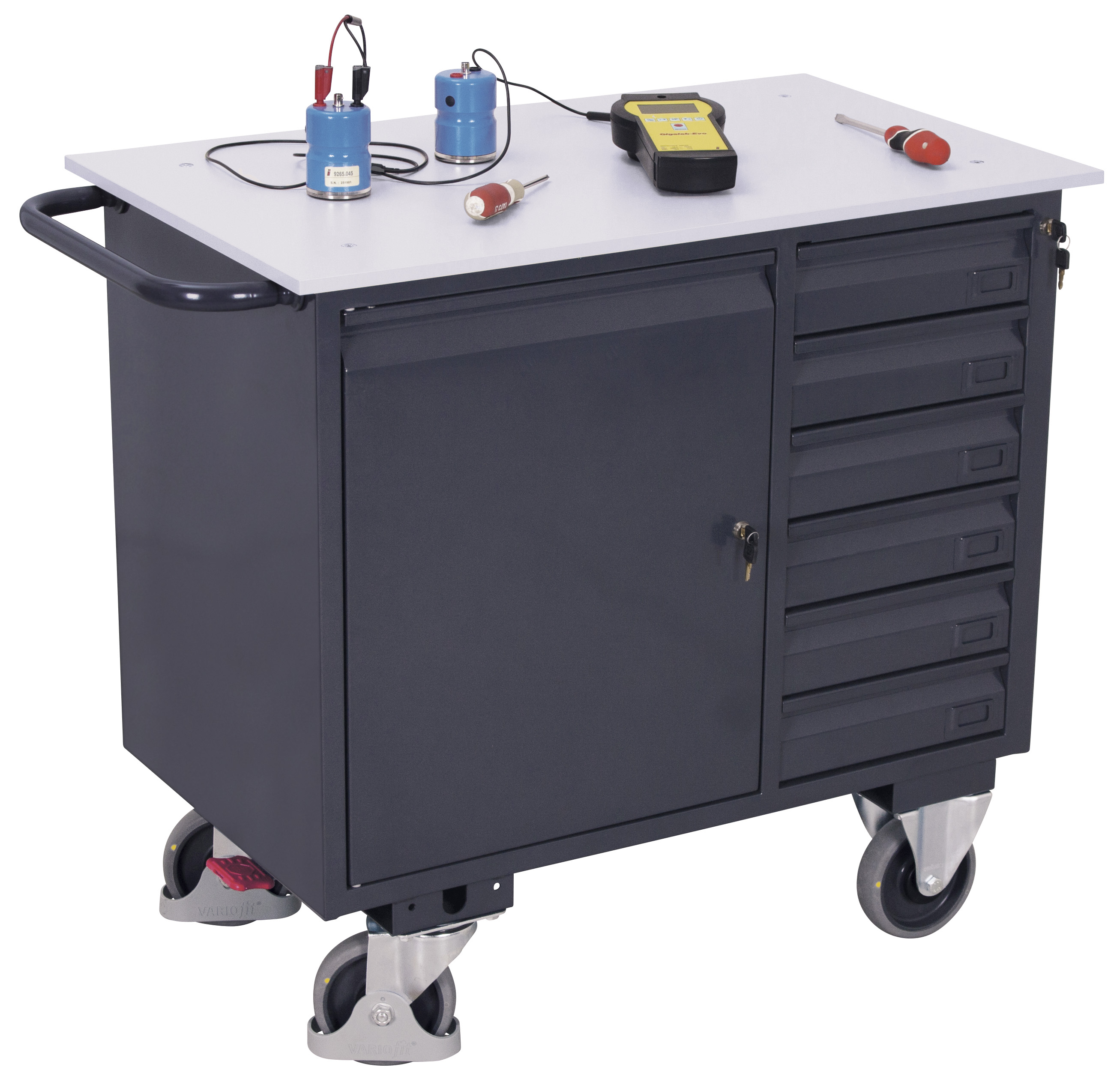 Geräumiger ESD Werkstattwagen 400 kg mit 6 Schubladen und Schrank, RAL 7024, 1110 × 600 mm