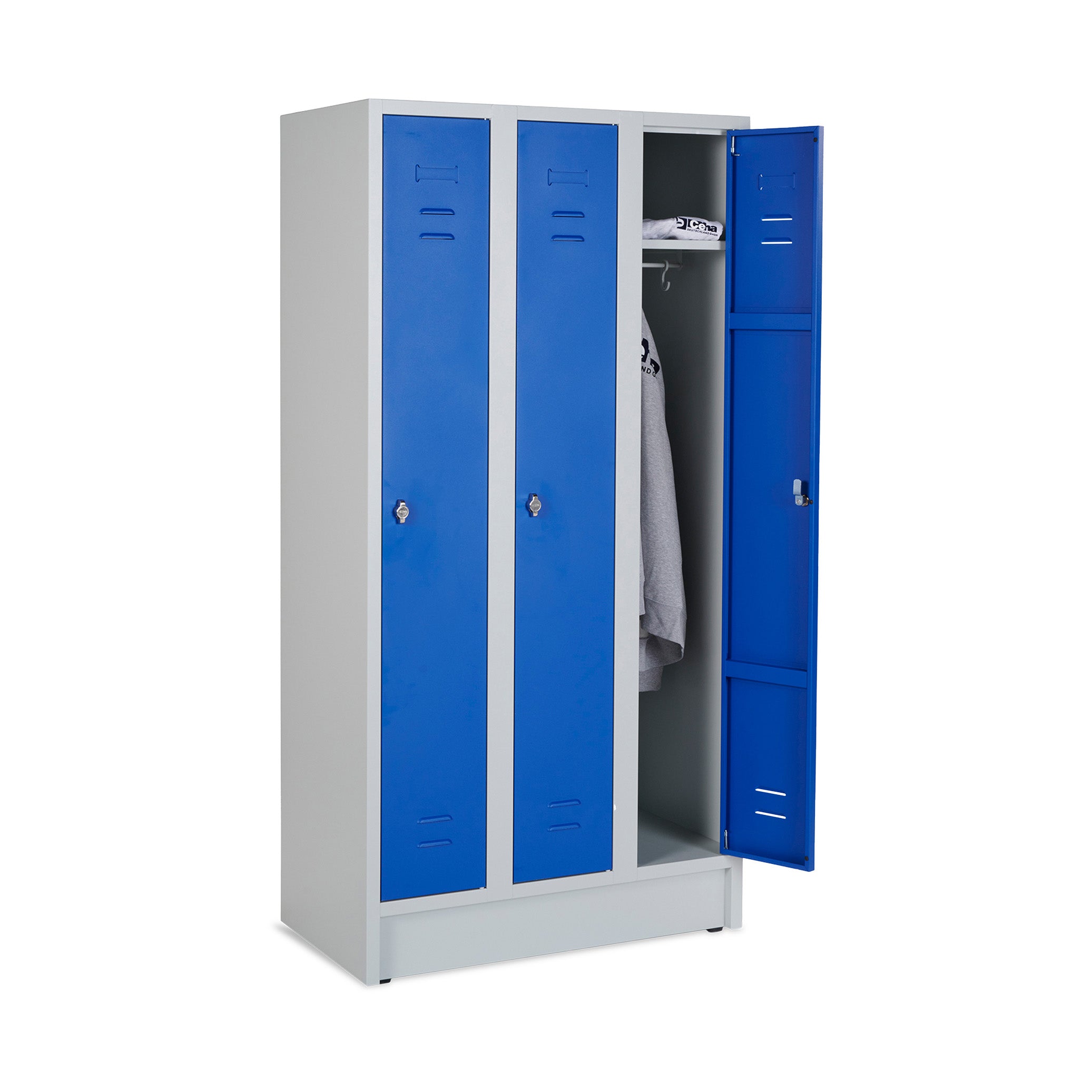 Robuster Reihenspind mit 3 Türen, 900 × 500 × 1800 mm, Farbe lichtgrau / enzianblau