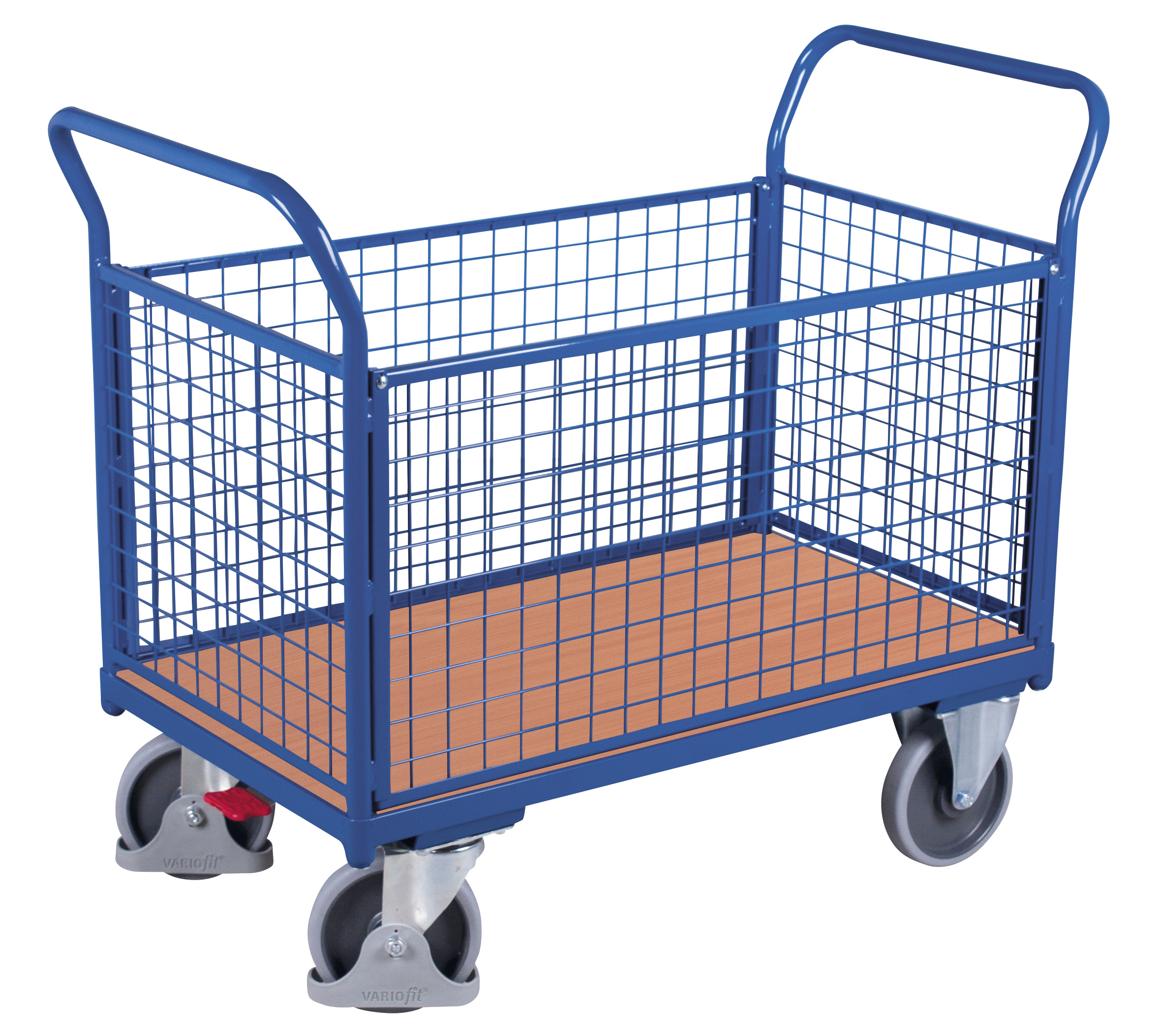 Kompakter Vierwandwagen 1040 × 500 mm mit Holzladefläche, 400 kg Traglast, RAL 5010, gut geeignet für Lager & Werkstatt Großzügiger Vierwandwagen 1390 × 800 mm mit Holzladefläche, 500 kg Traglast, RAL 5010, ideal für Lager & Werkstatt