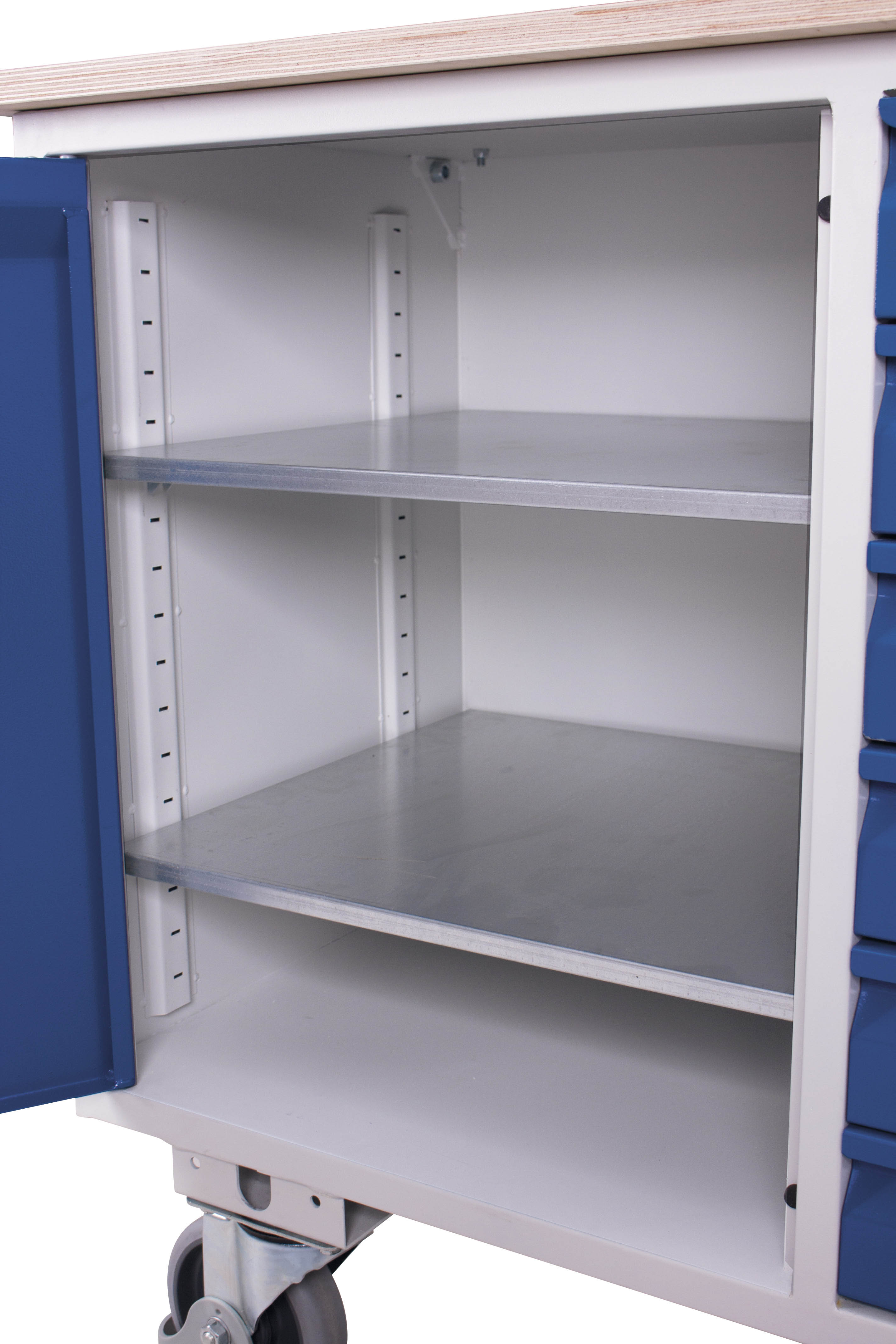 Stabiler Werkstattwagen mit 6 Schubladen und Flügeltürschrank, 400 kg Traglast, RAL 5010, 1110 × 600 mm