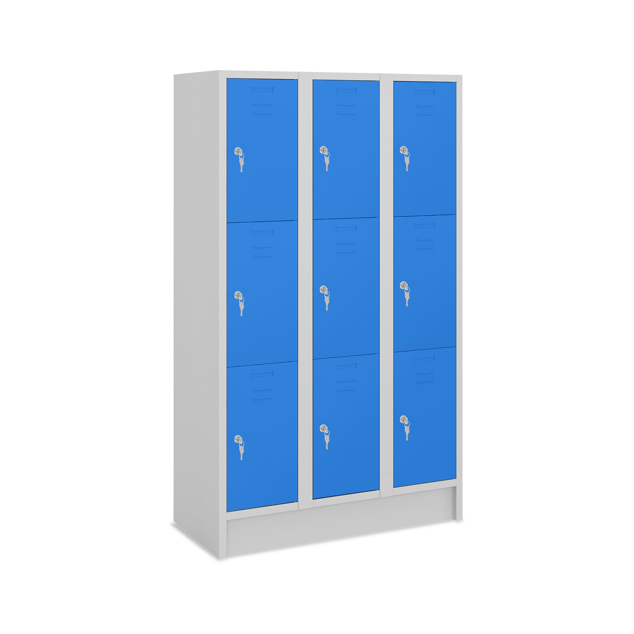 Fächerschrank mit 3 Abteilen und 9 Fächern, Abteilbreite 350 mm, Lichtgrau / Enzianblau