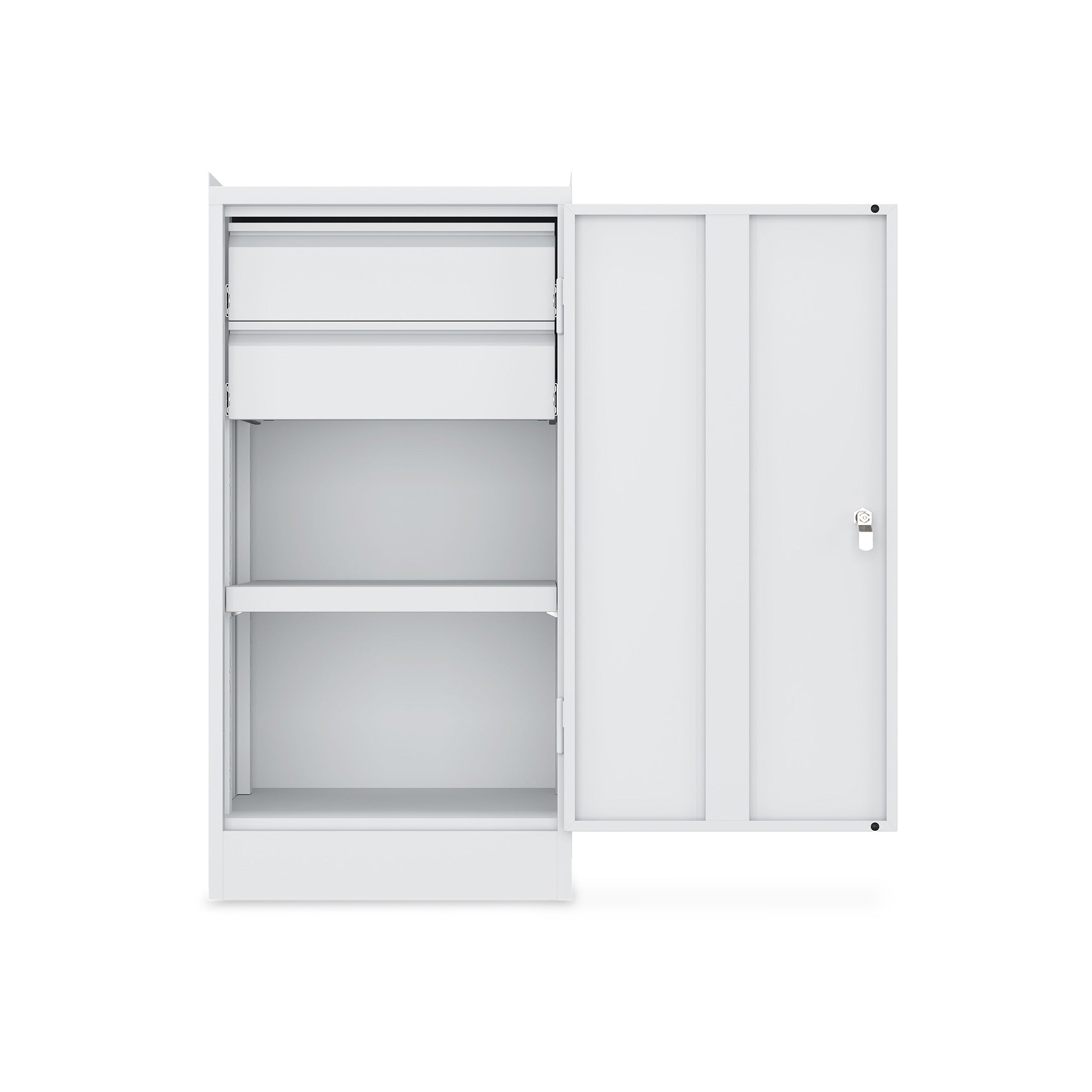 Kompakter Werkzeugschrank 500 × 500 × 1000 mm – 1 Tür, 2 Fachböden, 1 Schublade, Farbe lichtgrau / ichtgrau