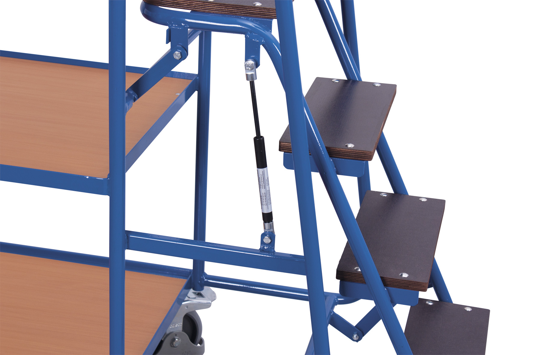 Hochbauender Kommissionierwagen mit 3 Ladeflächen und Trittstufe, RAL 5010, 1695 × 625 mm
