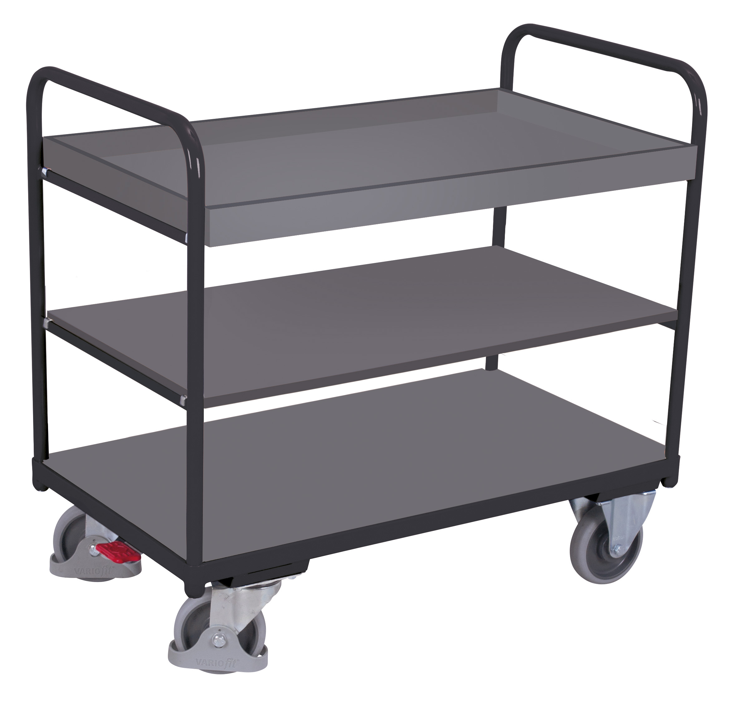 Kompakter Etagenwagen niedrig 910 × 500 × 990 mm mit Holz-Etagenboden und Tablett, 250 kg Traglast, RAL 7016, ideal für Lager & Werkstatt Extraweiter Etagenwagen niedrig 1260 × 800 × 990 mm mit Holz-Etagenboden und Tablett, 250 kg Traglast, RAL 7016, ideal für Lager & Werkstatt