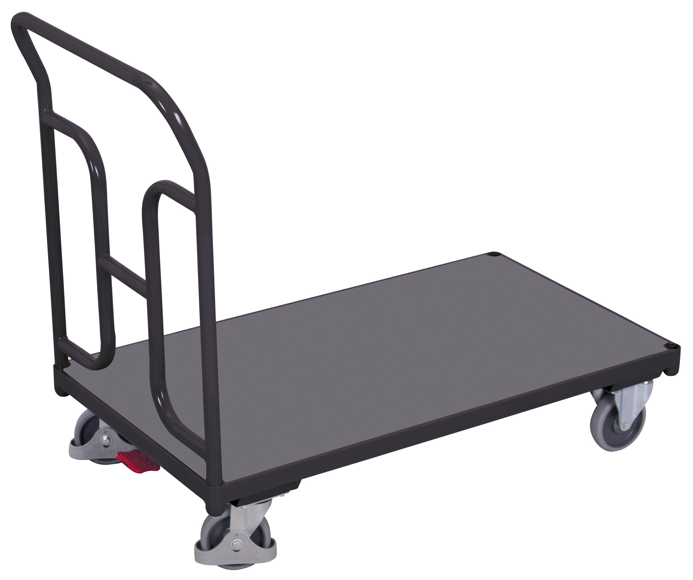 Wendiger Schiebebügelwagen 880 × 500 mm mit gebogenen Rohren, 250 kg Traglast, RAL 7016, geeignet für Lager und Werkstatt Stabiler Schiebebügelwagen 1030 × 600 mm mit gebogenen Rohren, 250 kg Traglast, RAL 7016, geeignet für Lager und Werkstatt