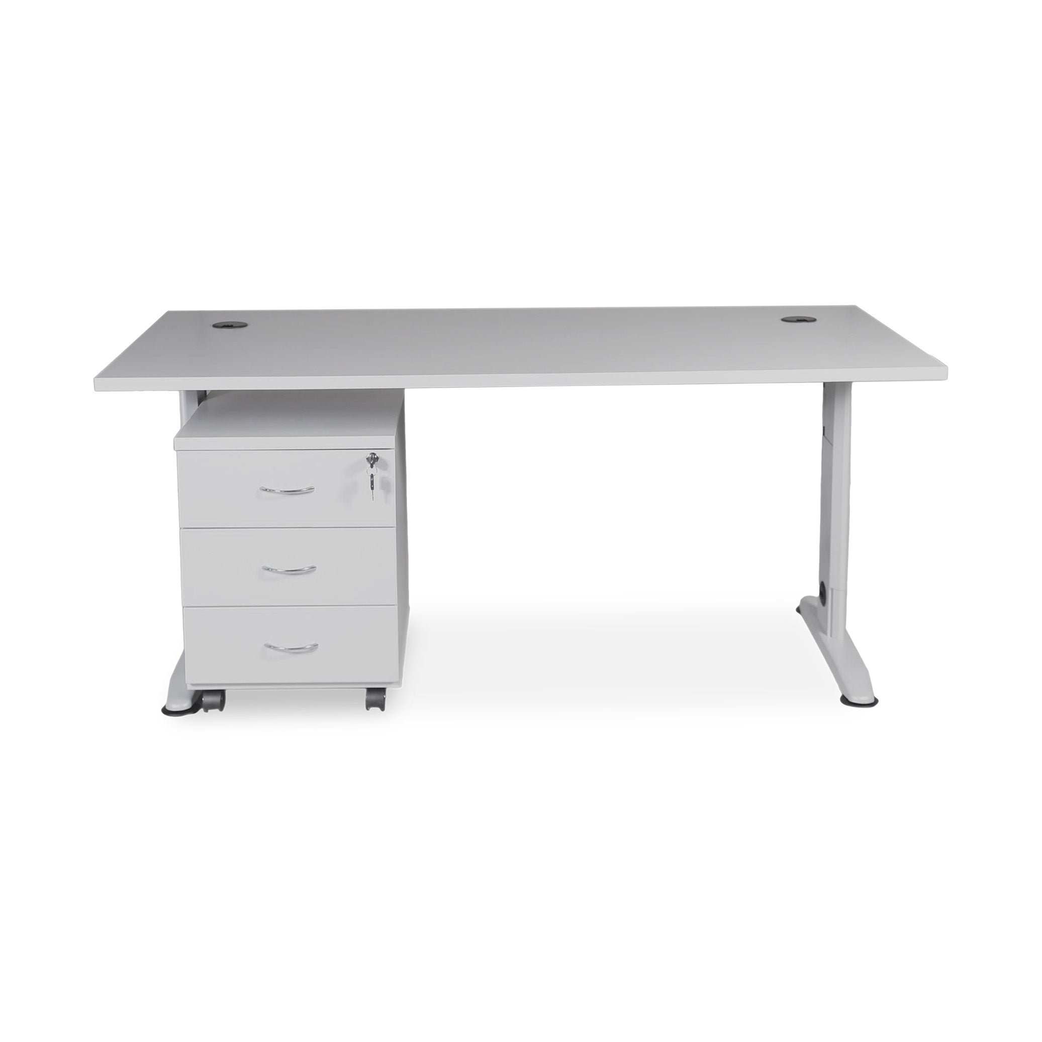 Moderner T-Fuß Schreibtisch mit Rollcontainer 1200 x 800 mm – Dekor Grau, perfekt für kleine Büros T-Fuß Schreibtisch mit Rollcontainer 1600 x 800 mm – Dekor Grau, großzügige Arbeitsfläche für Produktivität