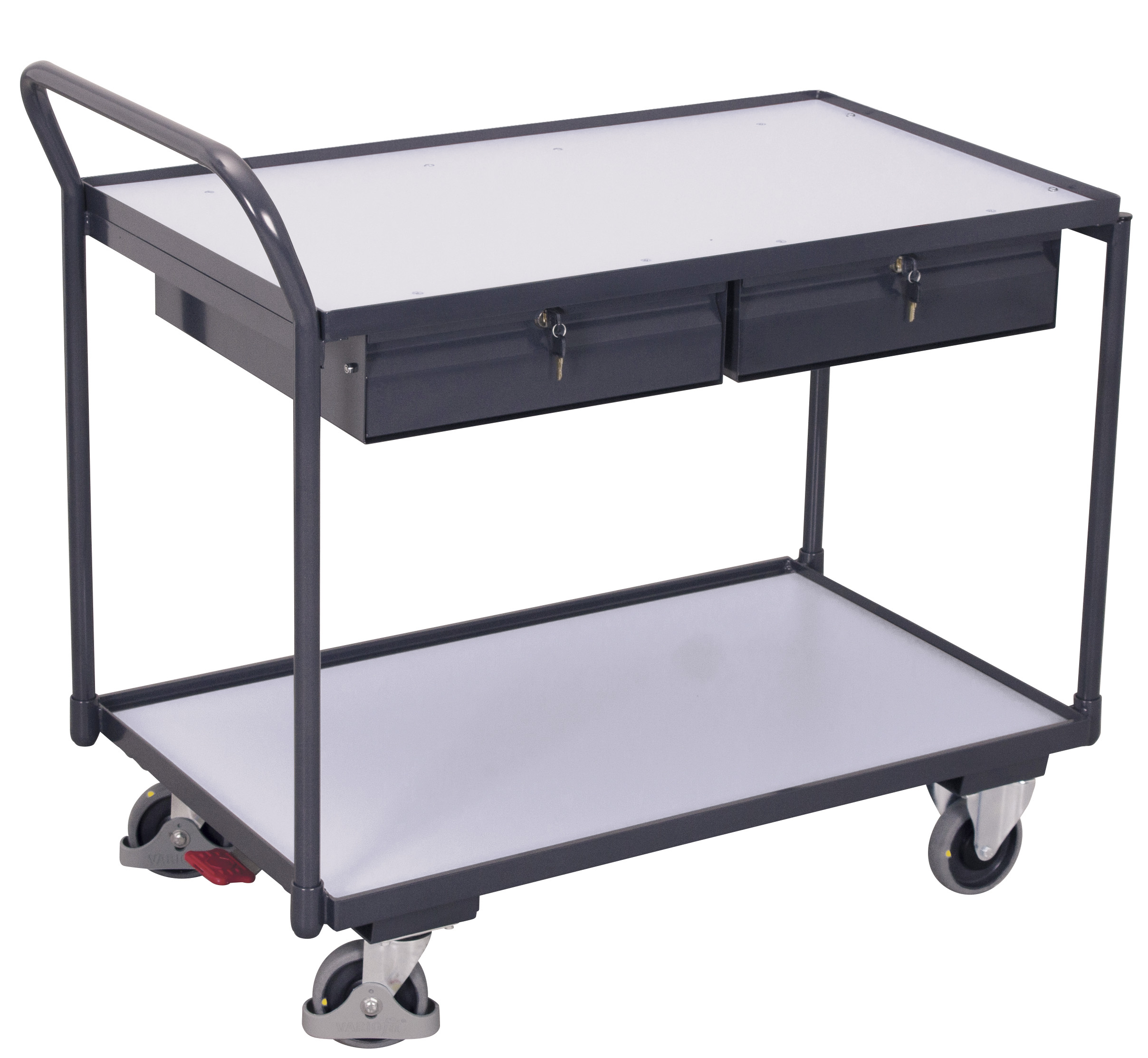 Funktionaler ESD Tischwagen 1125 × 625 × 1010 mm mit 2 Ladeflächen und 2 Schubladen, 250 kg Traglast, RAL 7024, ideal für ESD-Bereiche Funktionaler ESD Tischwagen 1125 × 625 × 1010 mm mit 2 Ladeflächen und 2 Schubladen, 250 kg Traglast, RAL 7024, ideal für ESD-Bereiche