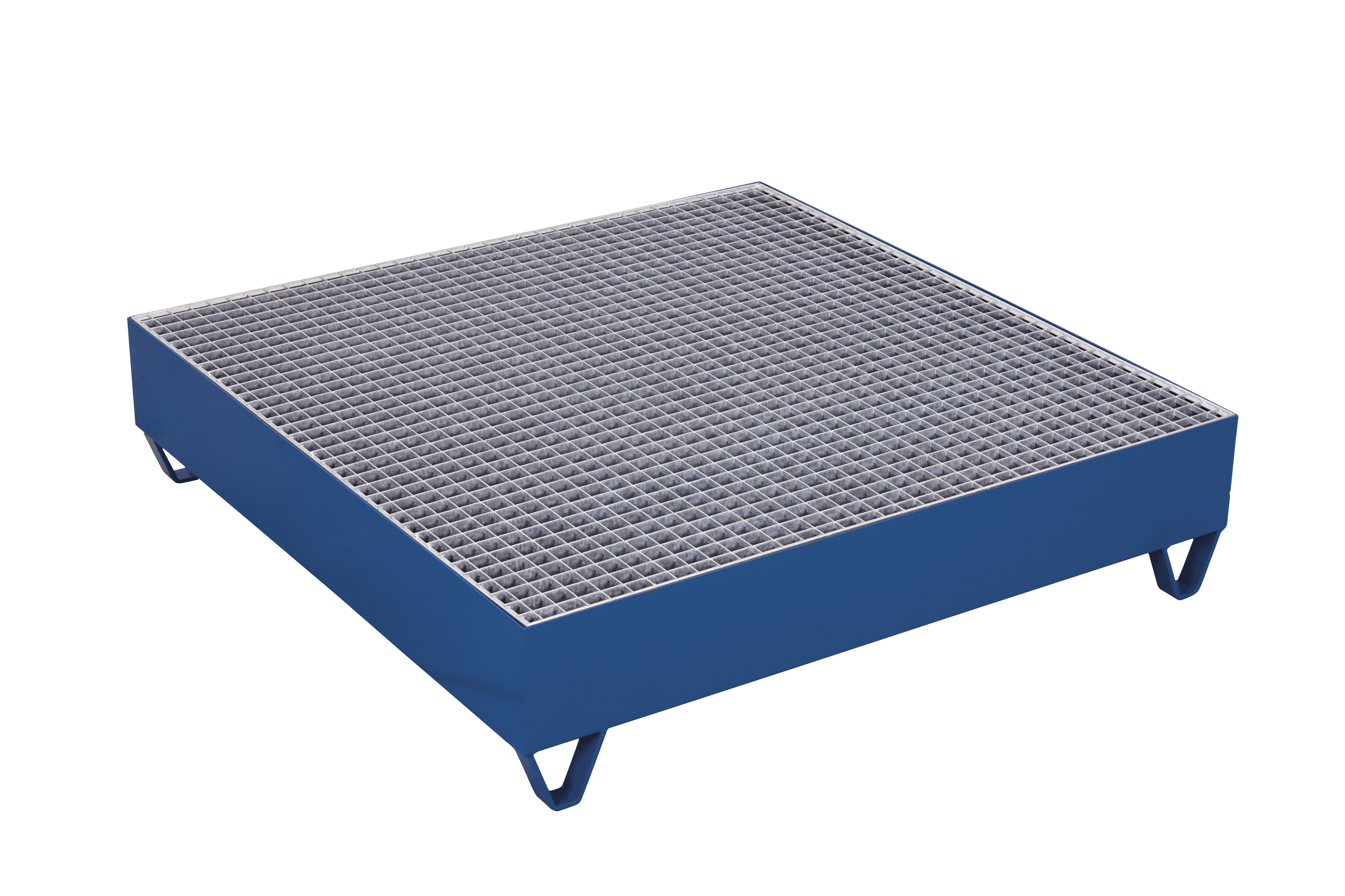 Robuste Auffangwanne 1200 × 1200 × 285 mm mit Gitterrost für 4 Fässer à 200 Liter, RAL 5010 Robuste Auffangwanne 1200 × 1200 × 285 mm mit Gitterrost für 4 Fässer à 200 Liter, RAL 5010