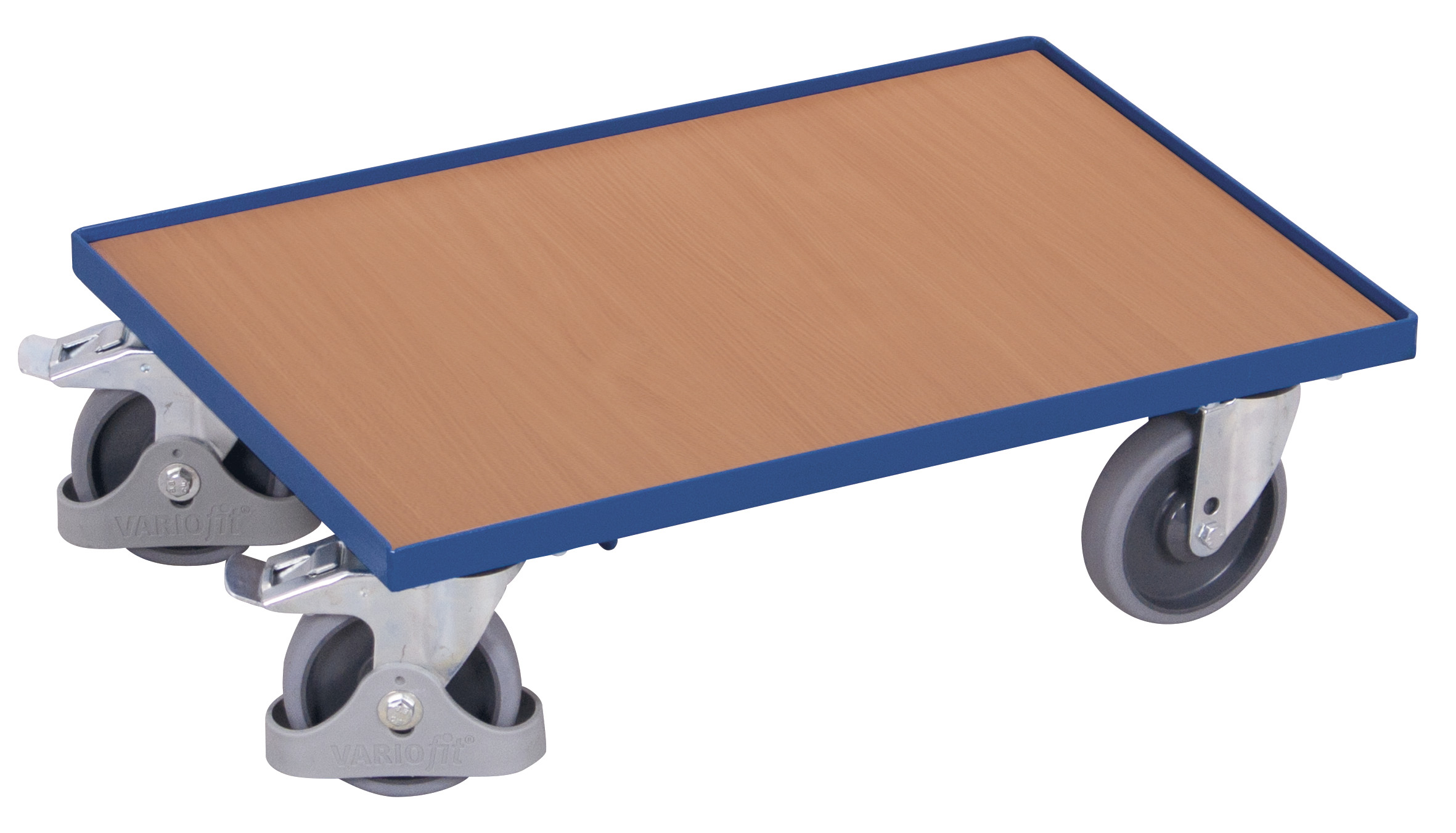 Stabiler Plattformroller 600 x 400 mm mit Holzladefläche und 10 mm Rand, 250 kg Traglast, RAL 7016, ideal für Lager & Kommissionierung