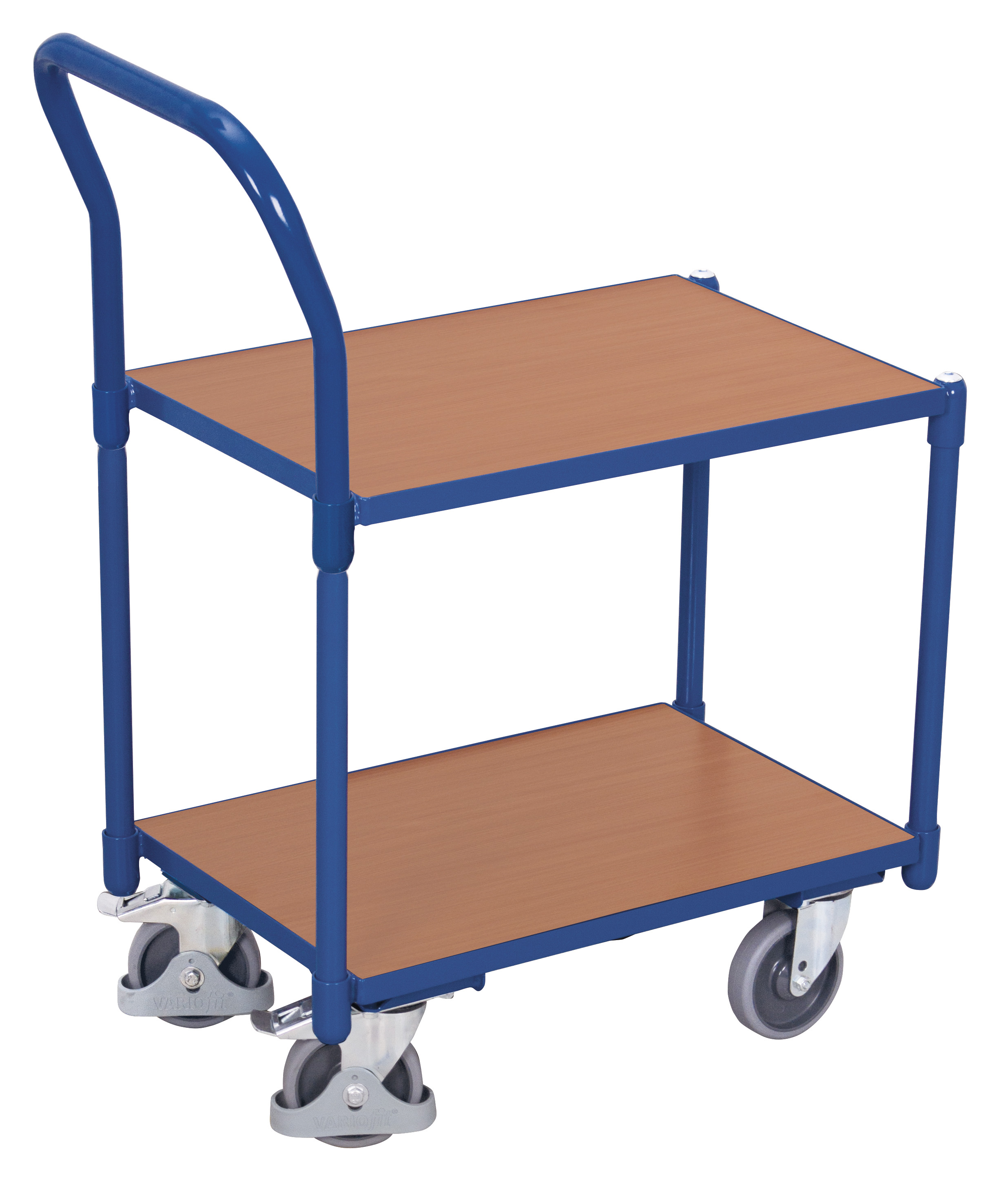 Funktionaler Plattformroller 770 × 415 mm mit 2 bündigen Holzböden, Eckhülsen und Schiebebügel, 250 kg Traglast, RAL 5010, ideal für Lager & Kommissionierung Funktionaler Plattformroller 770 × 415 mm mit 2 bündigen Holzböden, Eckhülsen und Schiebebügel, 250 kg Traglast, RAL 5010, ideal für Lager & Kommissionierung