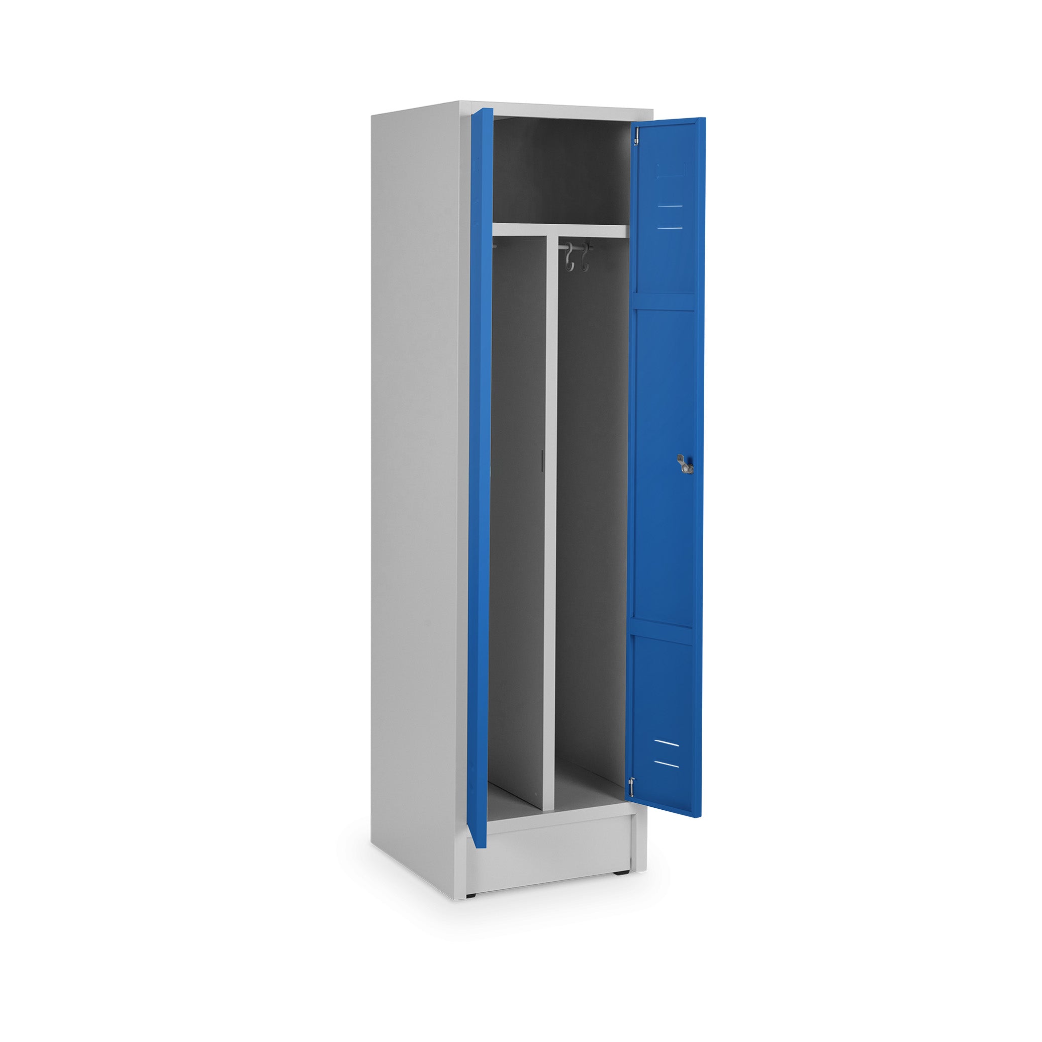 Funktionaler Spind mit S/W-Trennung, 2 Flügeltüren, 500 × 500 × 1800 mm, Farbe lichtgrau/enzianblau Funktionaler Spind mit S/W-Trennung, 2 Flügeltüren, 500 × 500 × 1800 mm, Farbe lichtgrau/enzianblau
