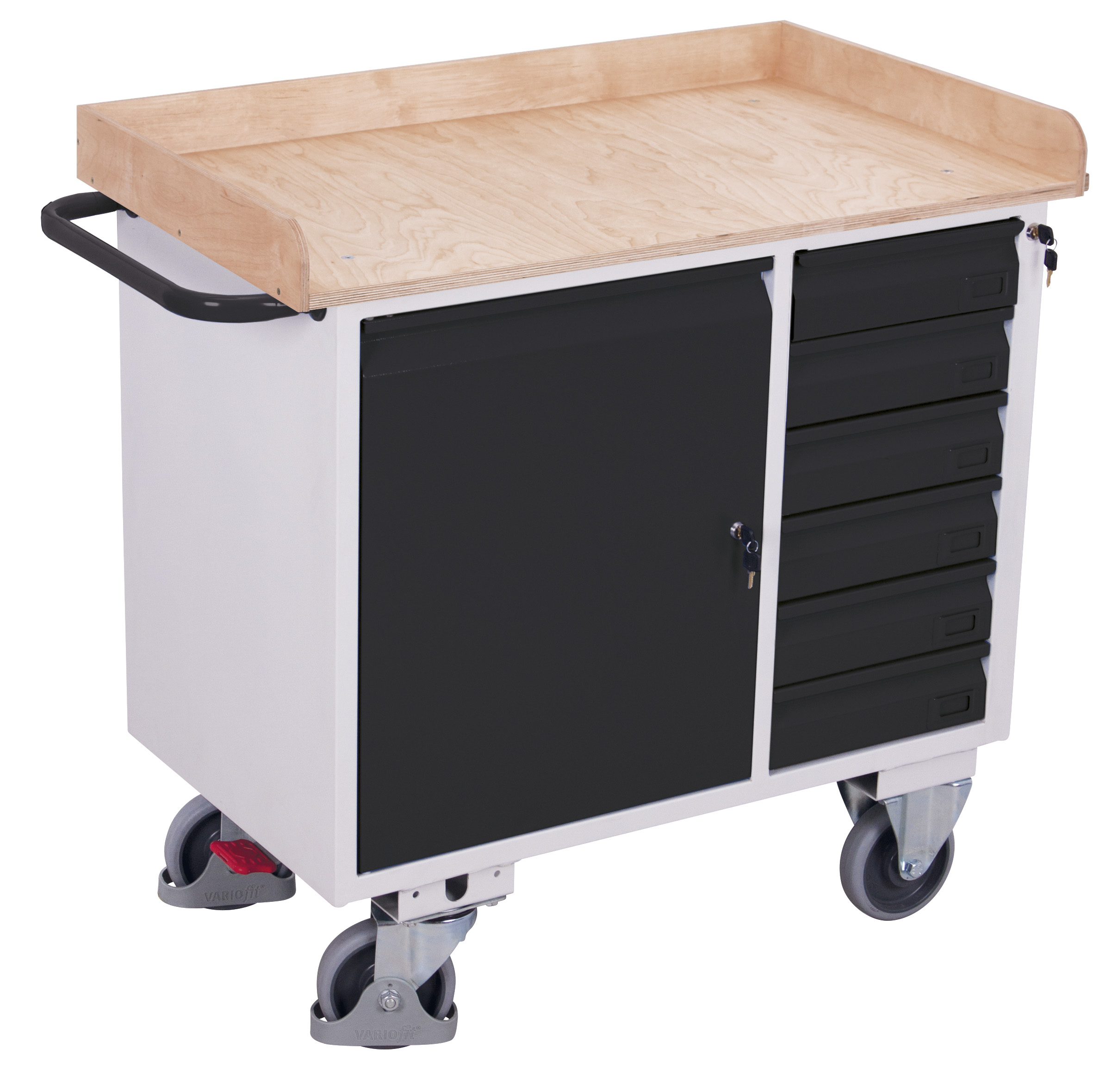 Robuster Werkstattwagen mit 6 Schubladen, Umrandung und Flügeltürschrank, 400 kg Traglast, RAL 7016, 1125 × 610 mm Robuster Werkstattwagen mit 6 Schubladen, Umrandung und Flügeltürschrank, 400 kg Traglast, RAL 7016, 1125 × 610 mm
