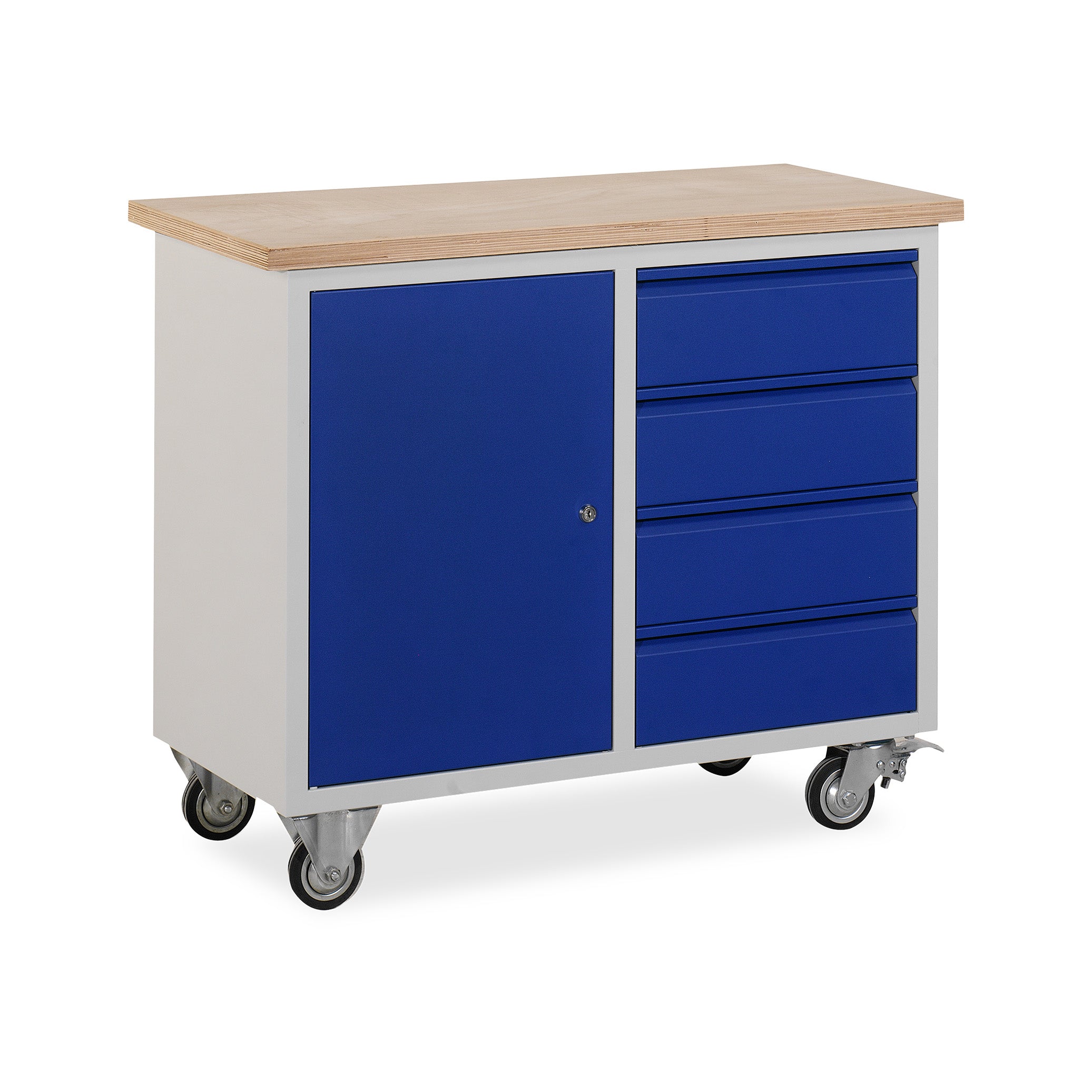 Robuster Werkzeugwagen 1000 × 500 × 845 mm mit 1 Tür und 4 Schubladen, Farbe lichtgrau / enzianblau