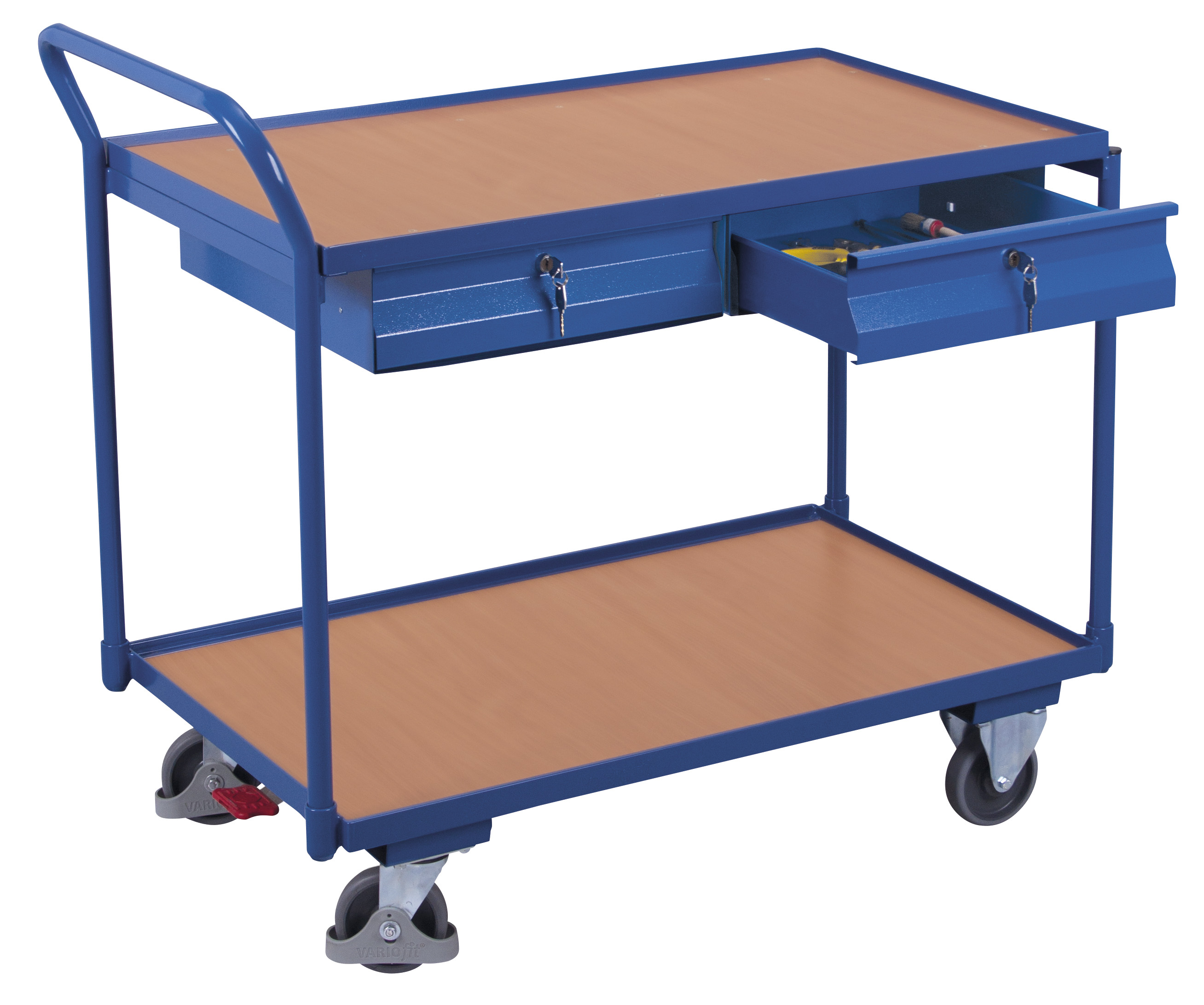 Funktionaler Tischwagen 1125 × 625 mm mit 2 Holzladeflächen und 2 Schubladen, 250 kg Traglast, RAL 5010, ideal für Werkstatt & Montage Funktionaler Tischwagen 1125 × 625 mm mit 2 Holzladeflächen und 2 Schubladen, 250 kg Traglast, RAL 5010, ideal für Werkstatt & Montage