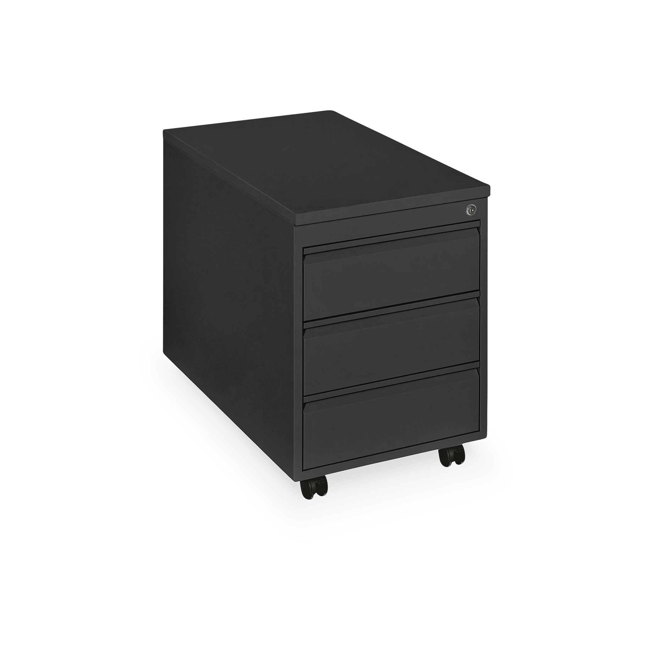 Rollcontainer aus Metall mit 3 Schubladen, 390 × 560 mm, 790 mm tief, mit Abdeckung, Dekor Tiefschwarz/Tiefschwarz – ideal für Büro & Homeoffice