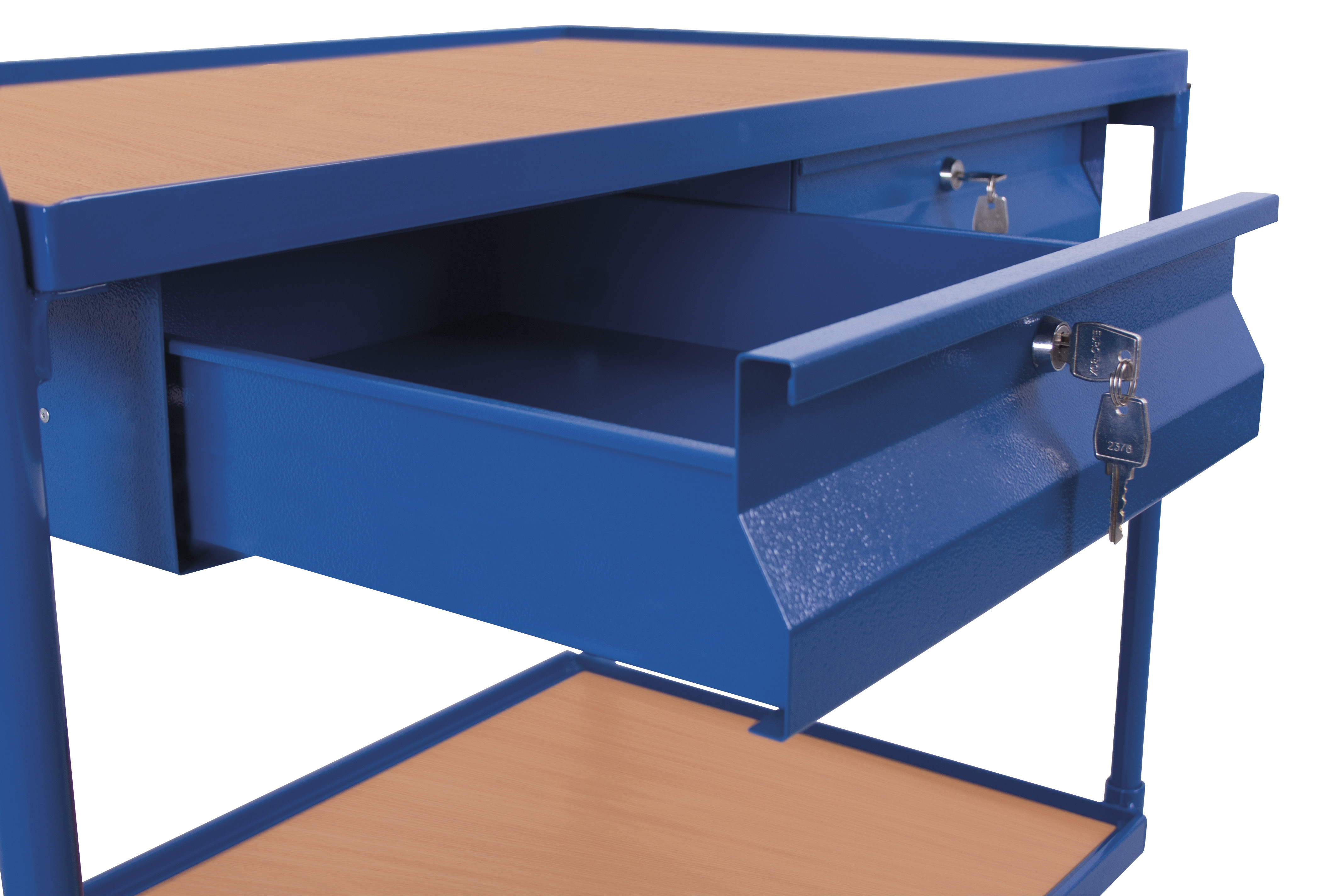 Funktionaler Tischwagen 1125 × 625 mm mit 2 Holzladeflächen und 2 Schubladen, 250 kg Traglast, RAL 5010, ideal für Werkstatt & Montage Funktionaler Tischwagen 1125 × 625 mm mit 2 Holzladeflächen und 2 Schubladen, 250 kg Traglast, RAL 5010, ideal für Werkstatt & Montage