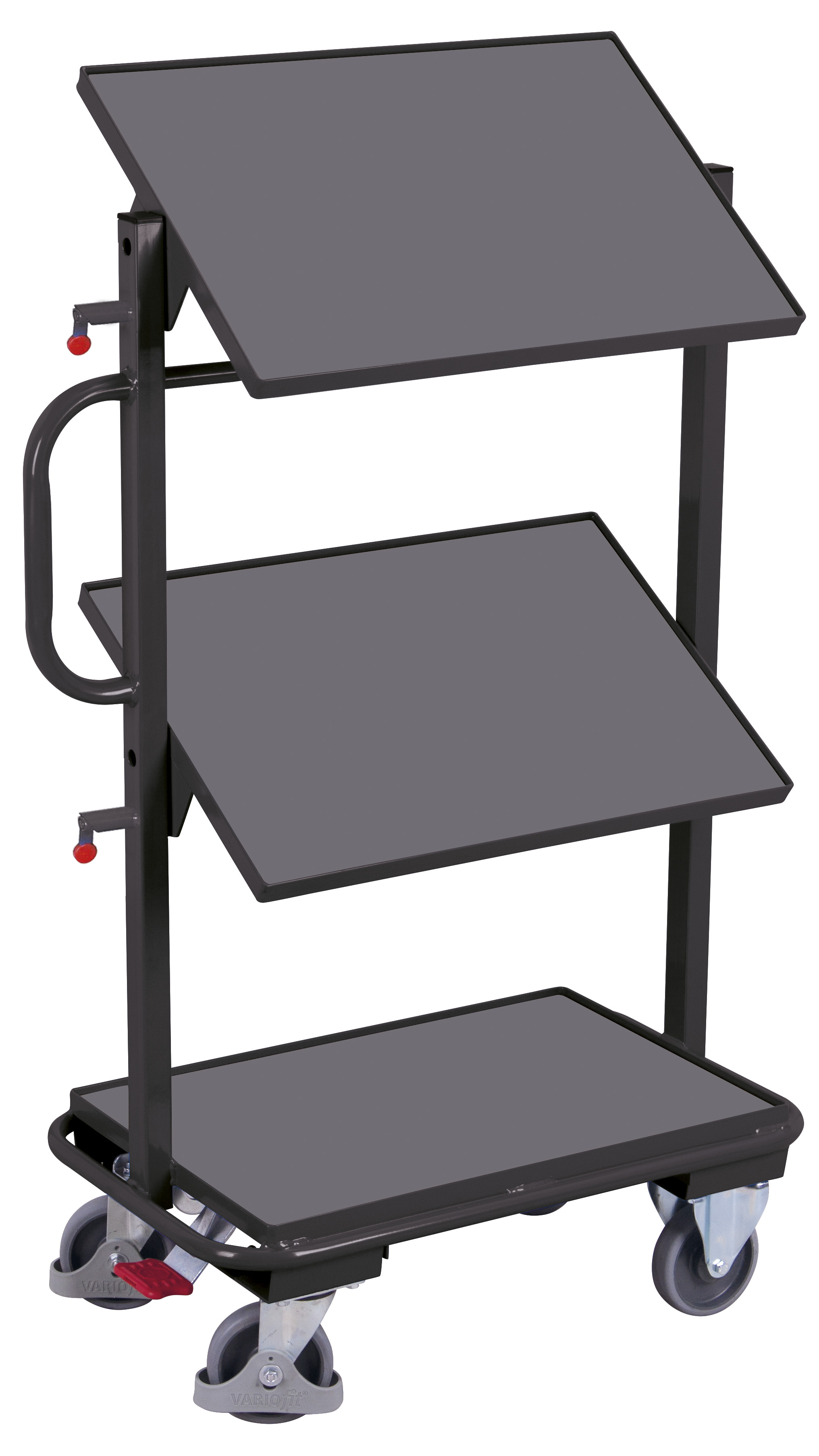Funktionaler Beistellwagen neigbar 815 x 455 x 1185 mm mit 3 Holzböden, für Kisten 600 x 400 mm, RAL 7016, ideal für Lager & Kommissionierung