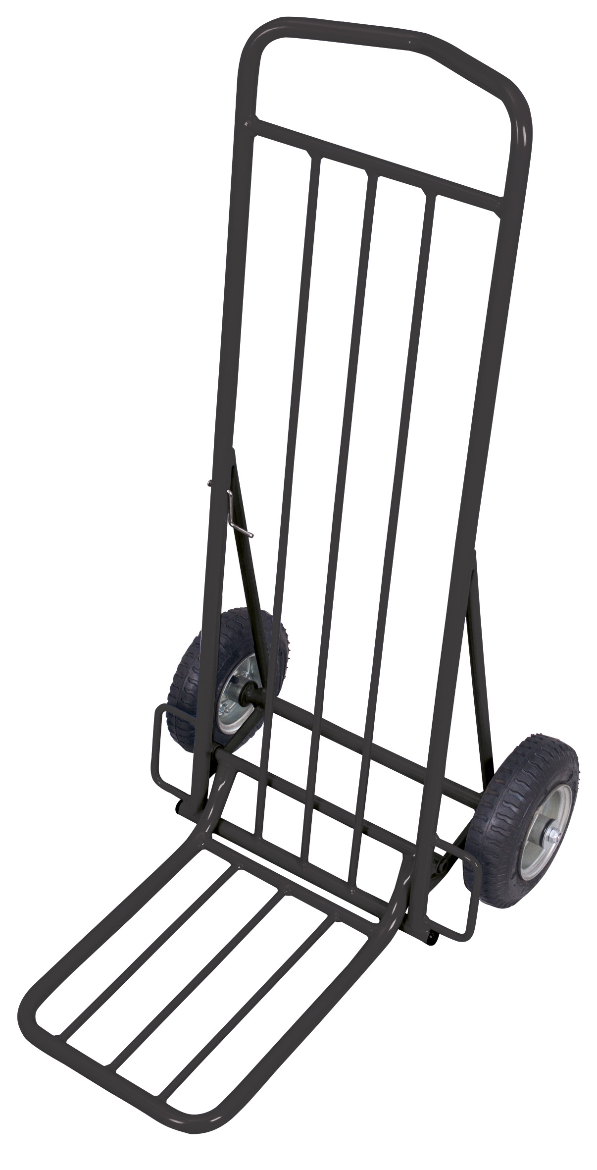 Kompakter Paketroller 490 x 635 x 1025 mm, klappbare Schaufel, 150 kg Traglast, Luftbereifung, RAL 7016, ideal für Transport & Lager