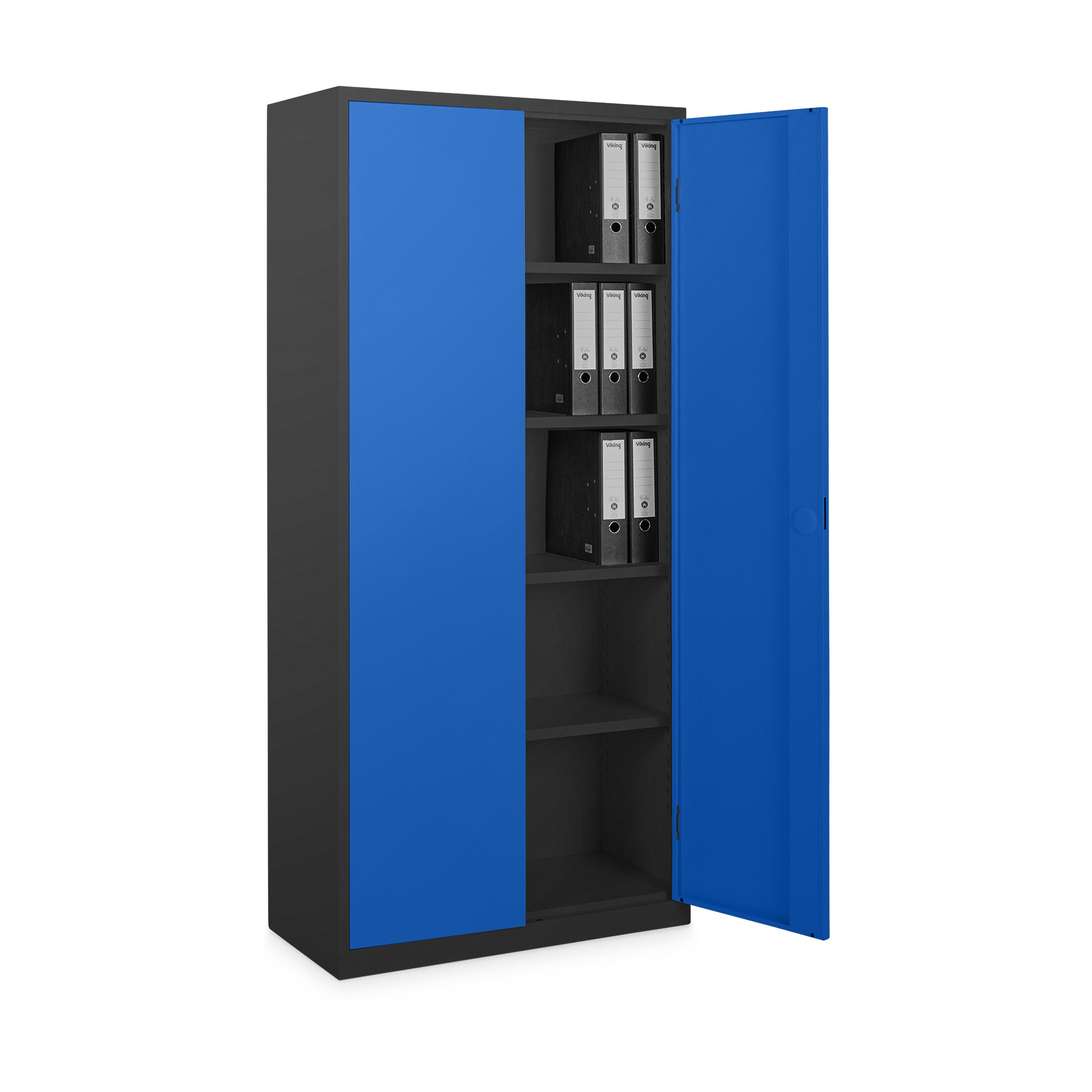 Stahl-Aktenschrank 920 × 420 × 1950 mm (5 Ordnerhöhen), Tiefschwarz / Enzianblau – robuster Stahlschrank für Büro und Archiv