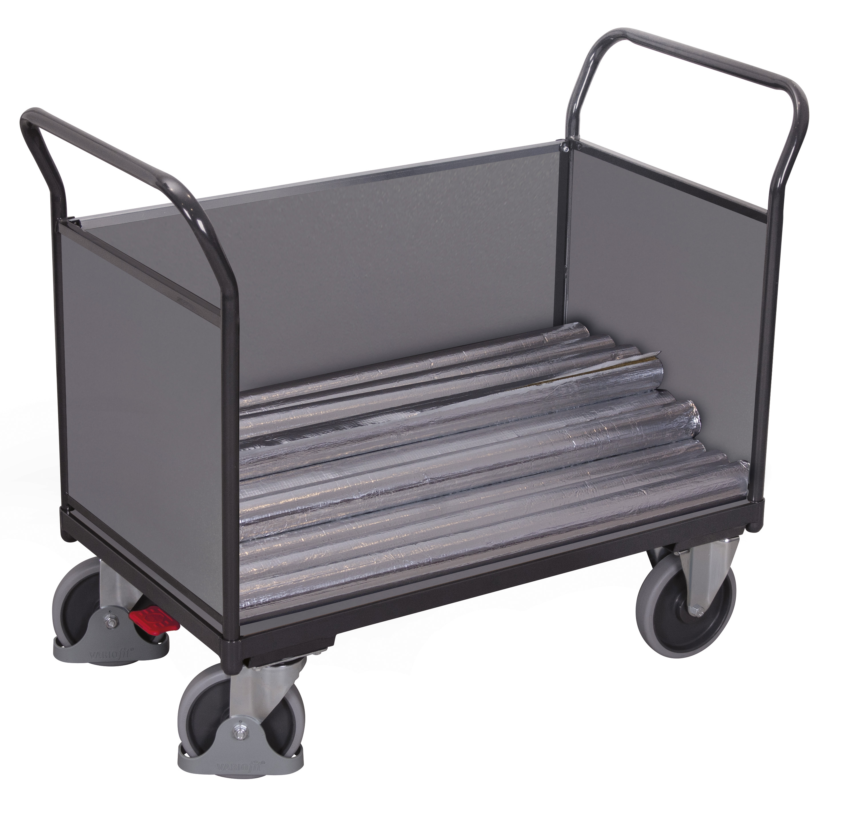 Geräumiger Dreiwandwagen 1390 × 800 mm mit Holzaufbau, 500 kg Traglast, RAL 7016, ideal für Lager & Werkstatt