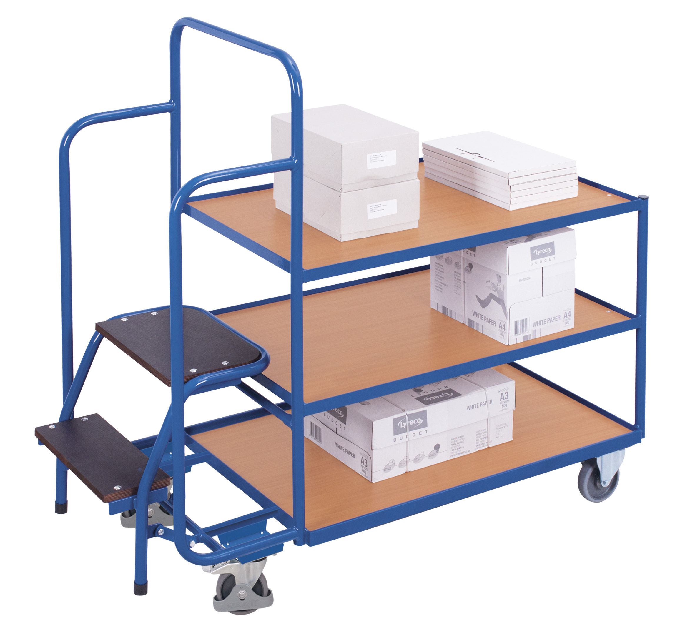 Ergonomischer Kommissionierwagen niedrig mit 3 Ladeflächen und Trittstufe, RAL 5010, 1455 × 625 mm