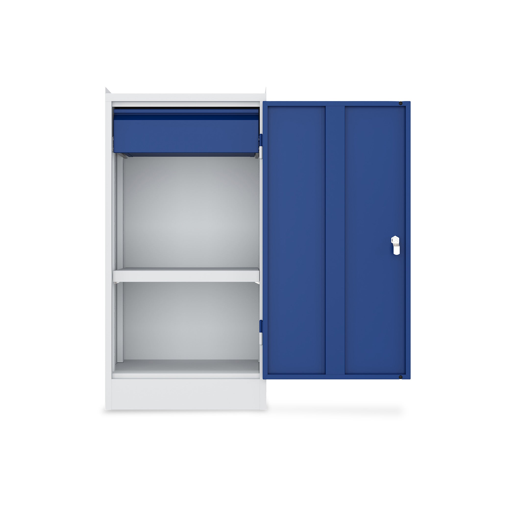 Kompakter Werkzeugschrank 500 × 500 × 1000 mm – 1 Tür, 1 Fachboden, 2 Schubladen, Farbe lichtgrau / enzianblau