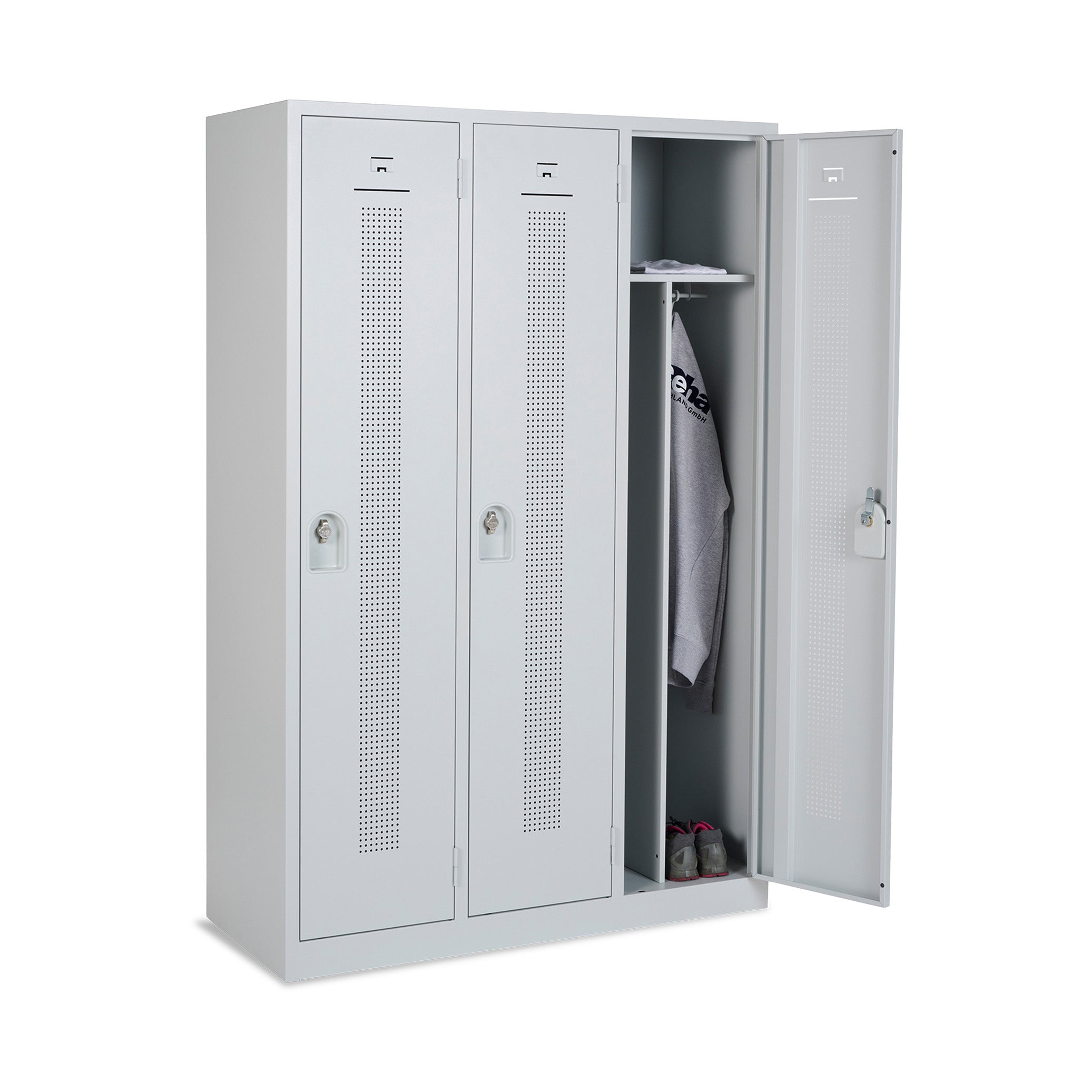 Moderner Design-Reihenspind mit 3 Türen und Trennwand, 1185 × 500 × 1800 mm, Farbe lichtgrau