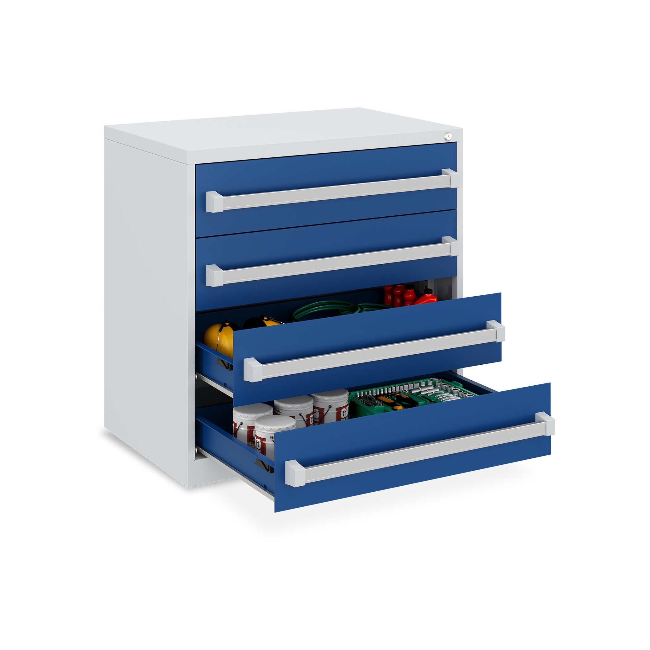 Kompakter Schubladenschrank 800 × 525 × 800 mm – 4 Schubladen, Farbe lichtgrau / enzianblau